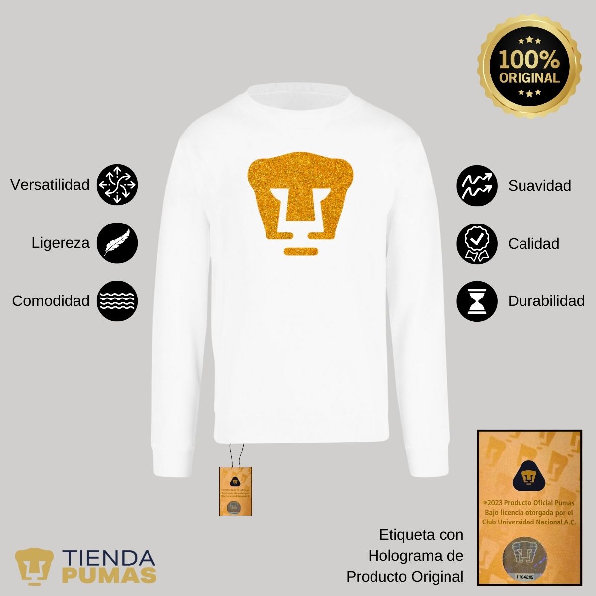 Sudadera Hombre Pumas UNAM Logo Dorado Glitter Vinil