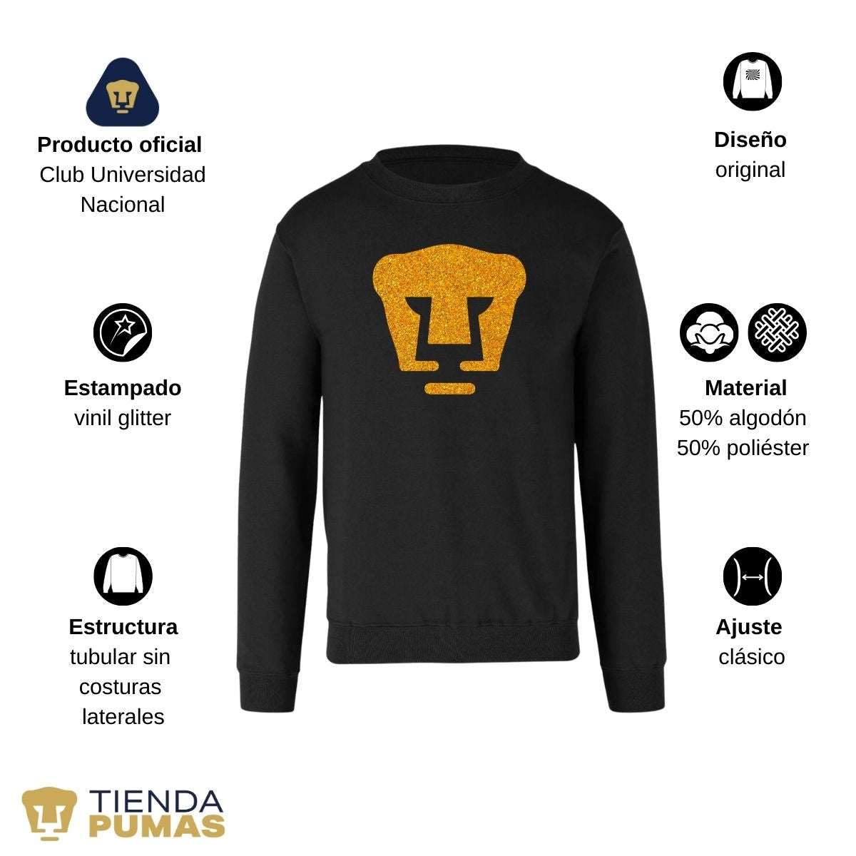 Sudadera Hombre Pumas UNAM Logo Dorado Glitter Vinil