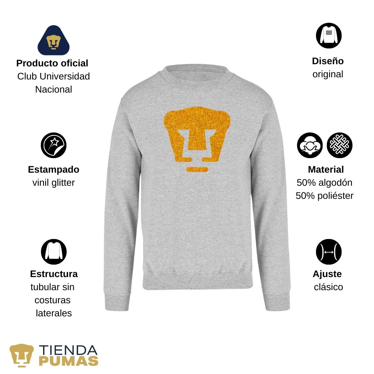 Sudadera Hombre Pumas UNAM Logo Dorado Glitter Vinil