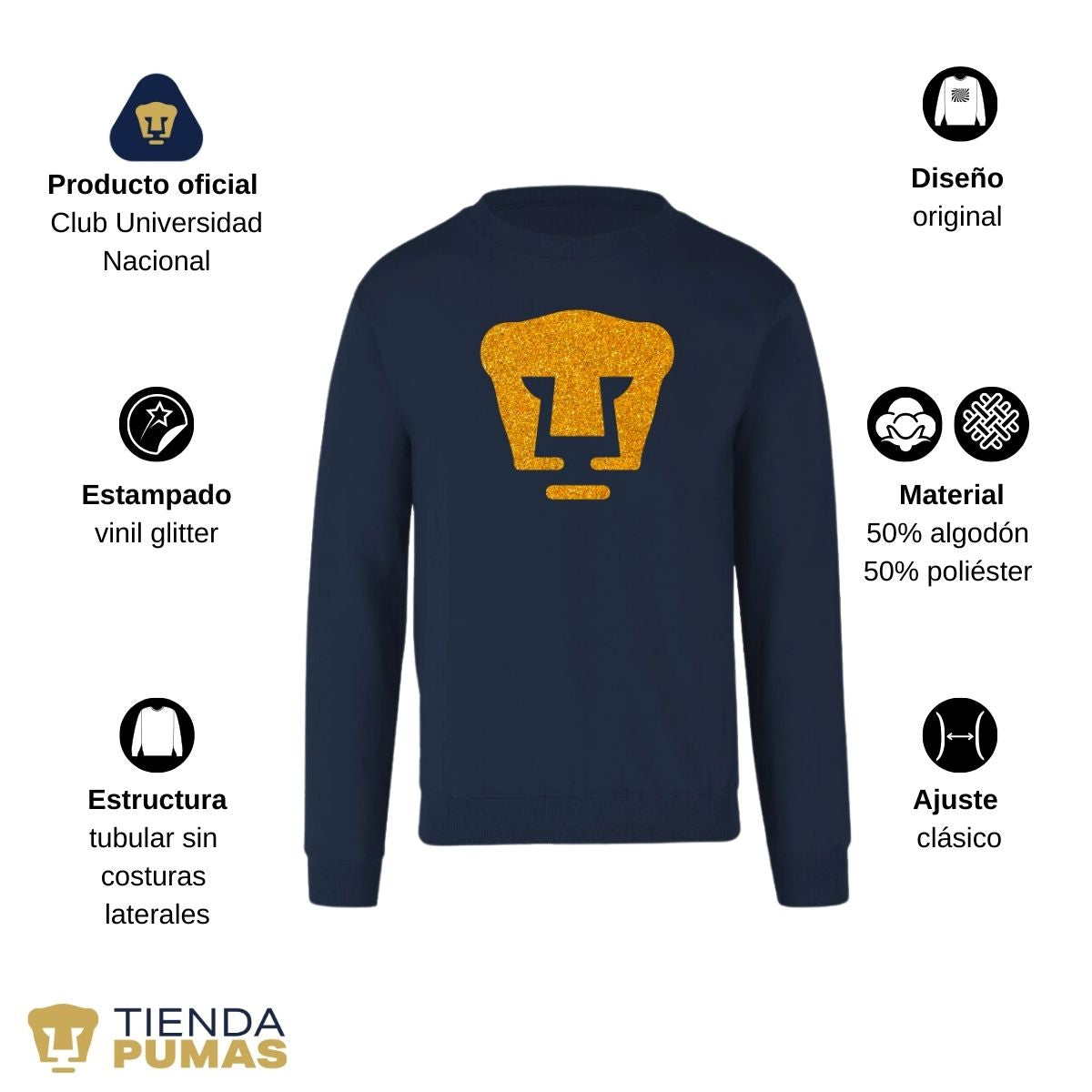 Sudadera Mujer Pumas UNAM Logo Dorado Glitter Vinil