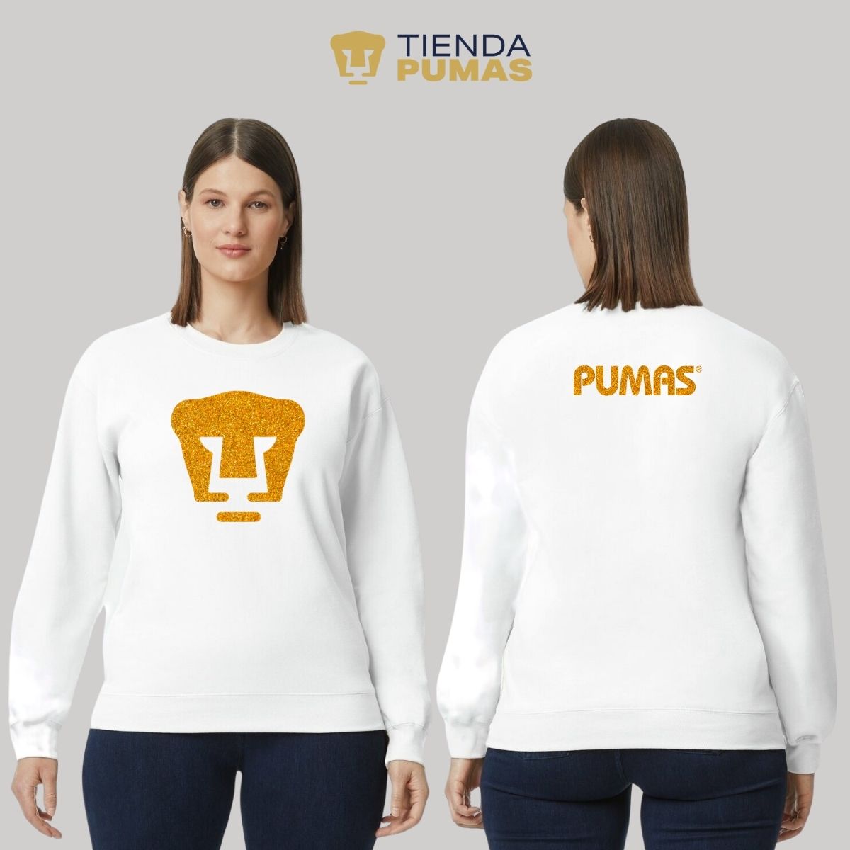 Sudadera Mujer Pumas UNAM Logo Dorado Glitter Vinil