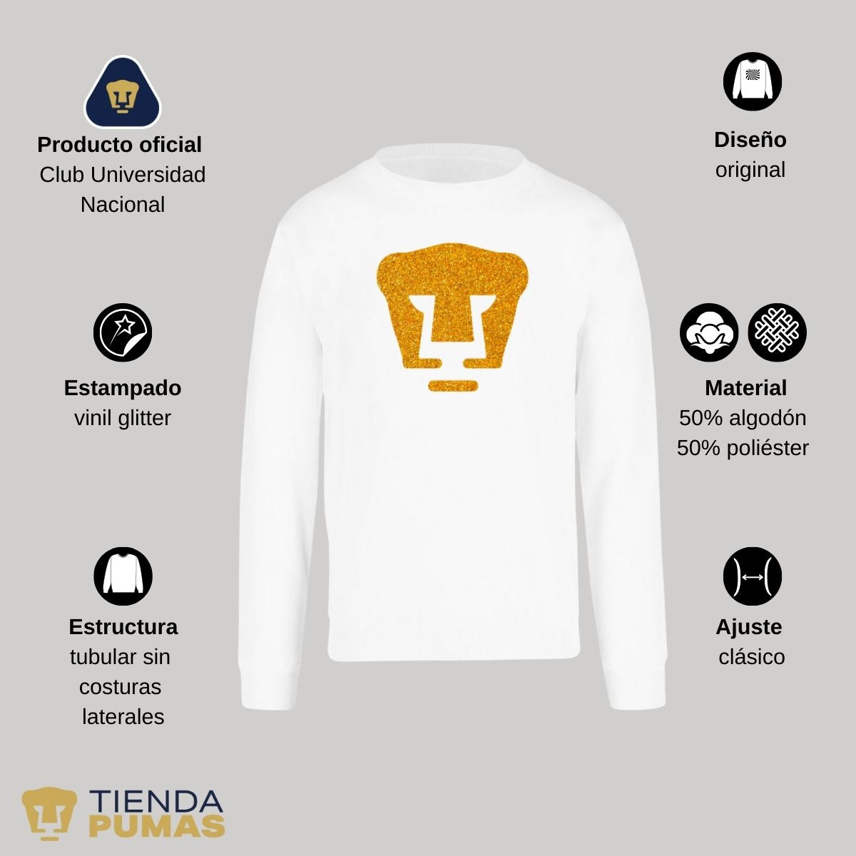 Sudadera Mujer Pumas UNAM Logo Dorado Glitter Vinil