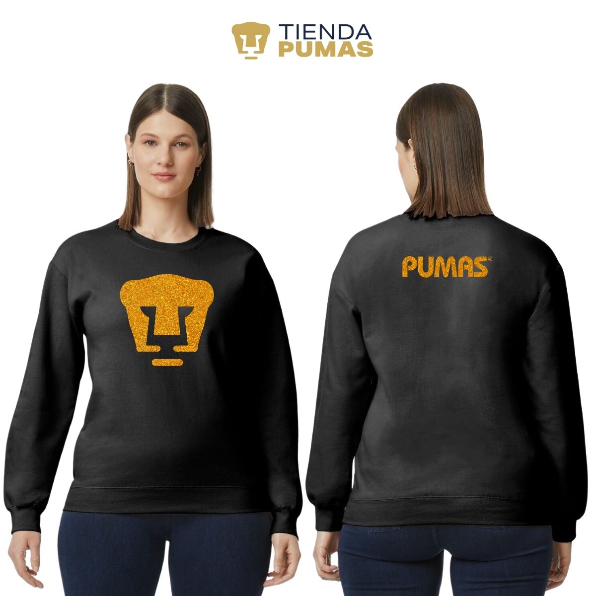 Sudadera Mujer Pumas UNAM Logo Dorado Glitter Vinil