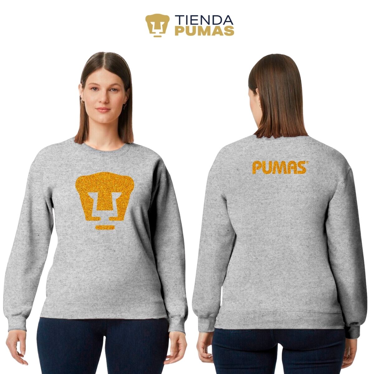 Sudadera Mujer Pumas UNAM Logo Dorado Glitter Vinil