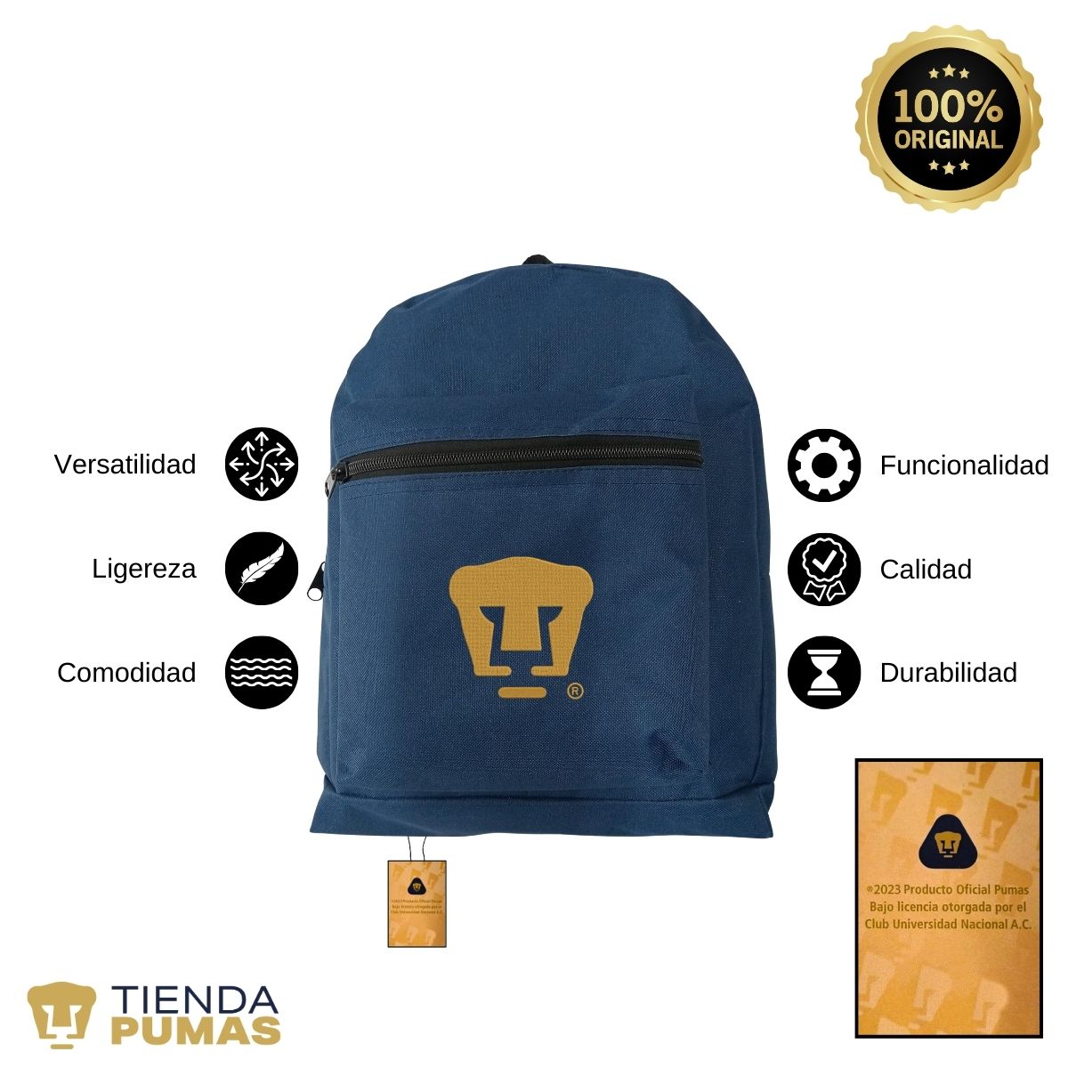 Mochila Escolar Pumas UNAM Logo Oro Bordado