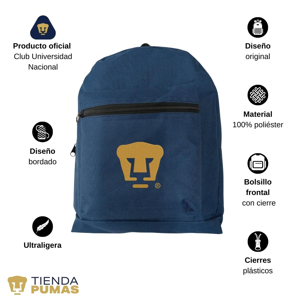 Mochila Escolar Pumas UNAM Logo Oro Bordado