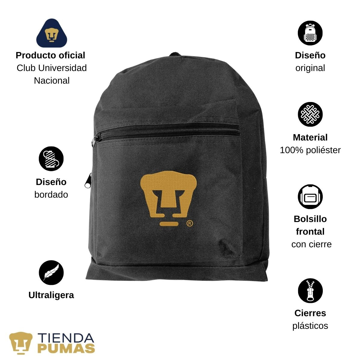 Mochila Escolar Pumas UNAM Logo Oro Bordado