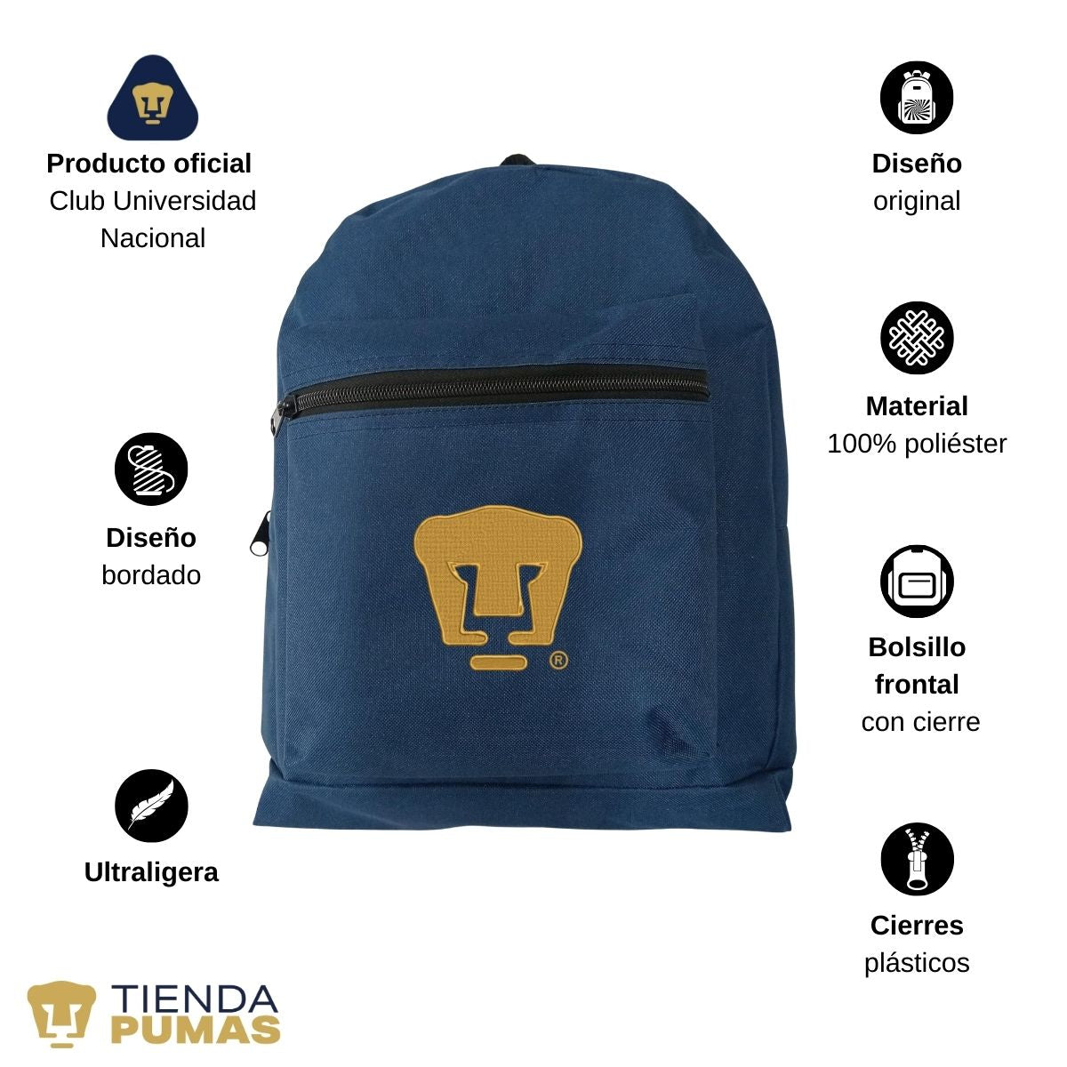 Mochila Escolar Pumas UNAM Logo Oro Reforzado Bordado