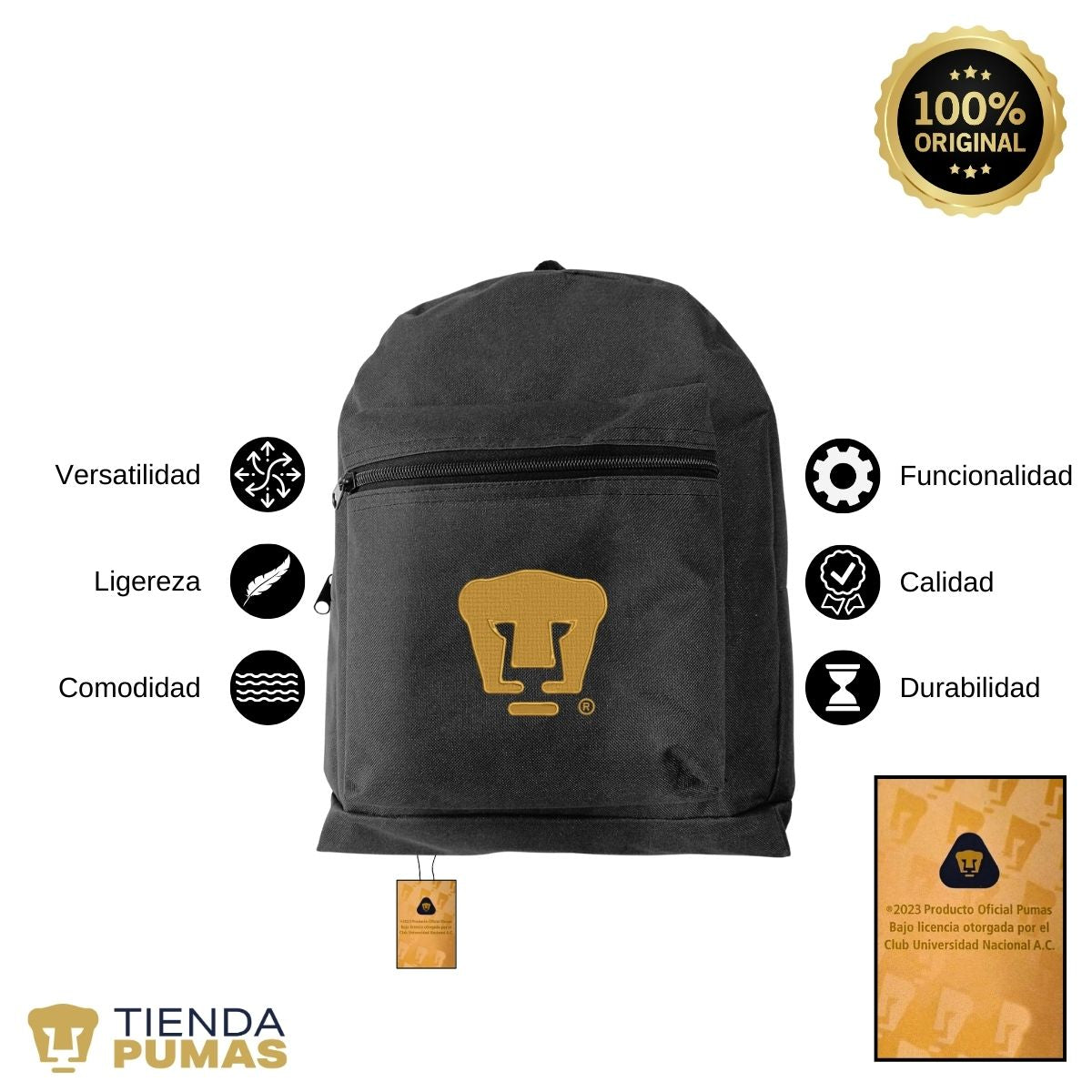 Mochila Escolar Pumas UNAM Logo Oro Reforzado Bordado