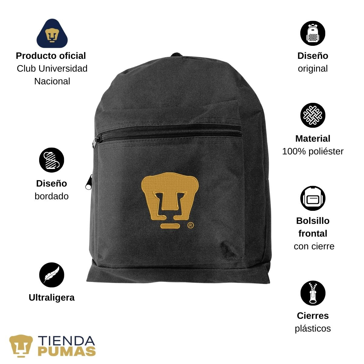 Mochila Escolar Pumas UNAM Logo Oro Reforzado Bordado