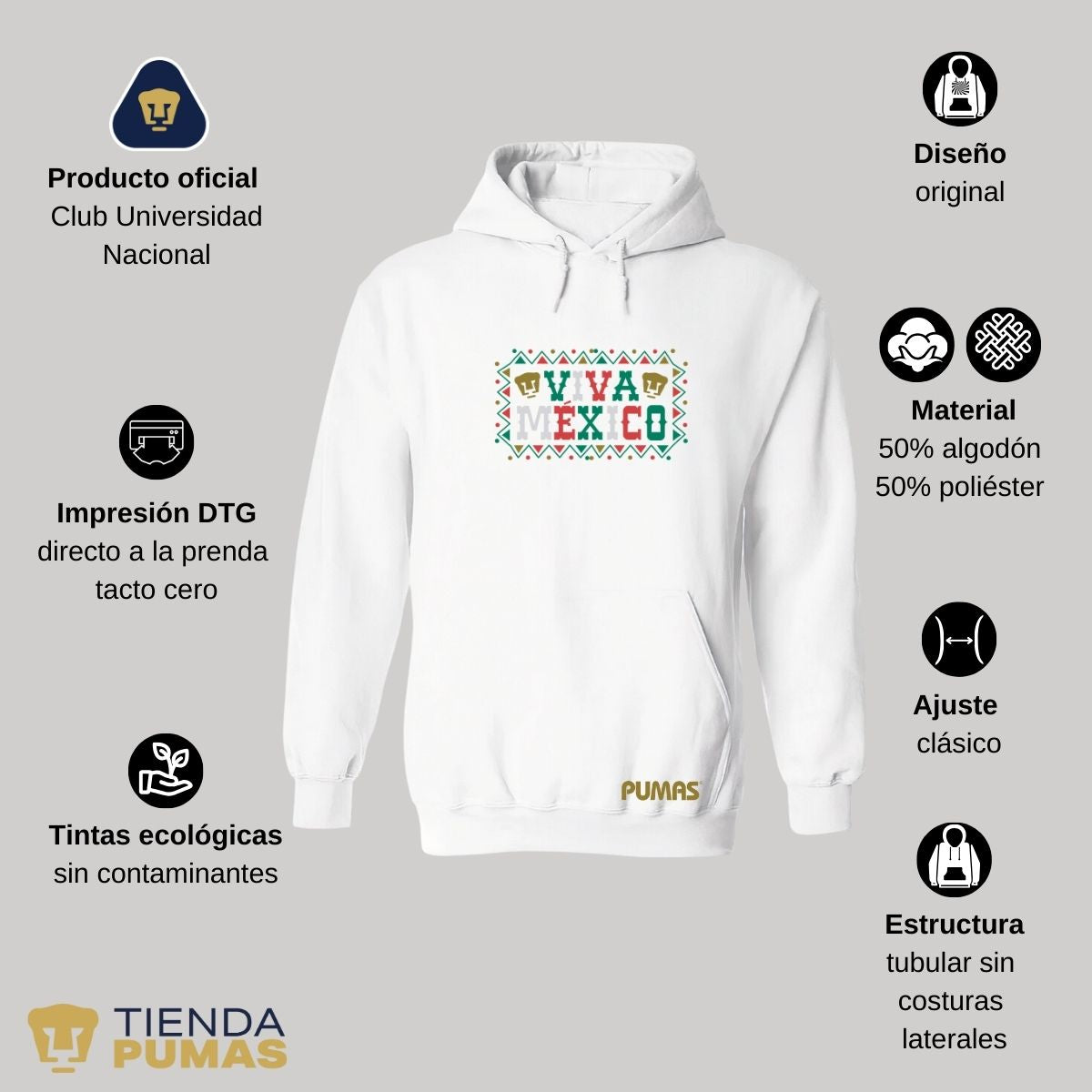 Sudadera Hombre Hoodie Pumas UNAM Viva México