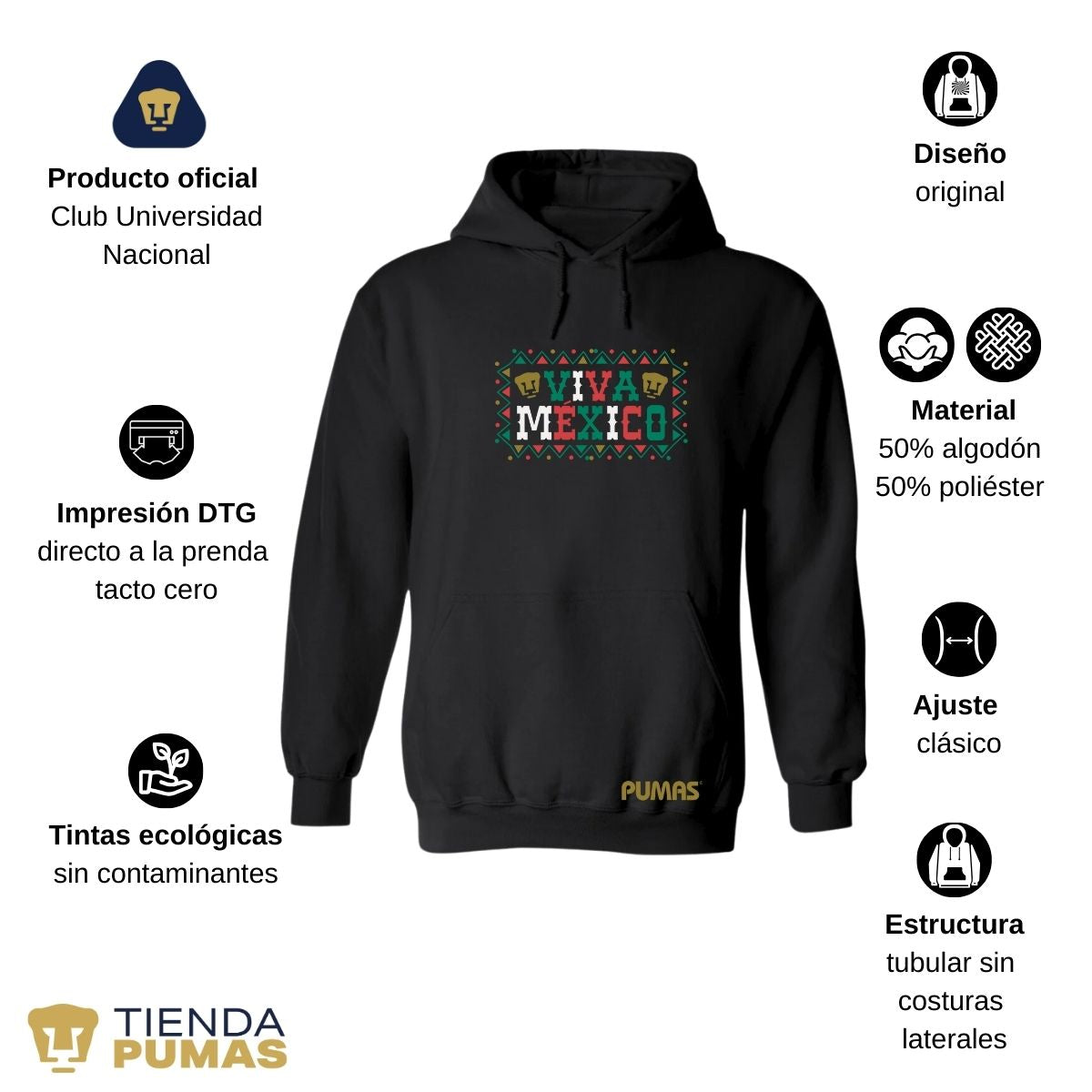 Sudadera Hombre Hoodie Pumas UNAM Viva México