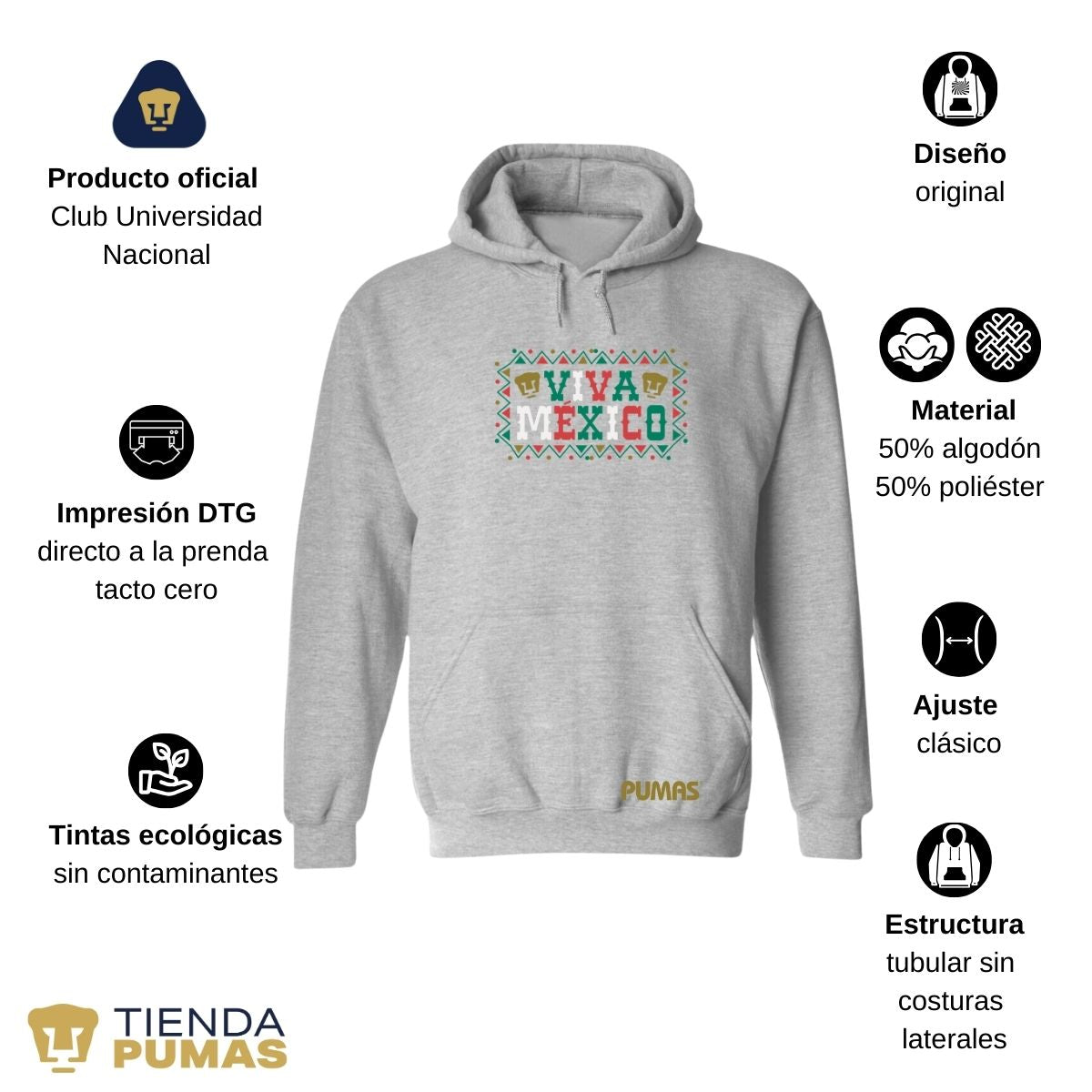 Sudadera Hombre Hoodie Pumas UNAM Viva México