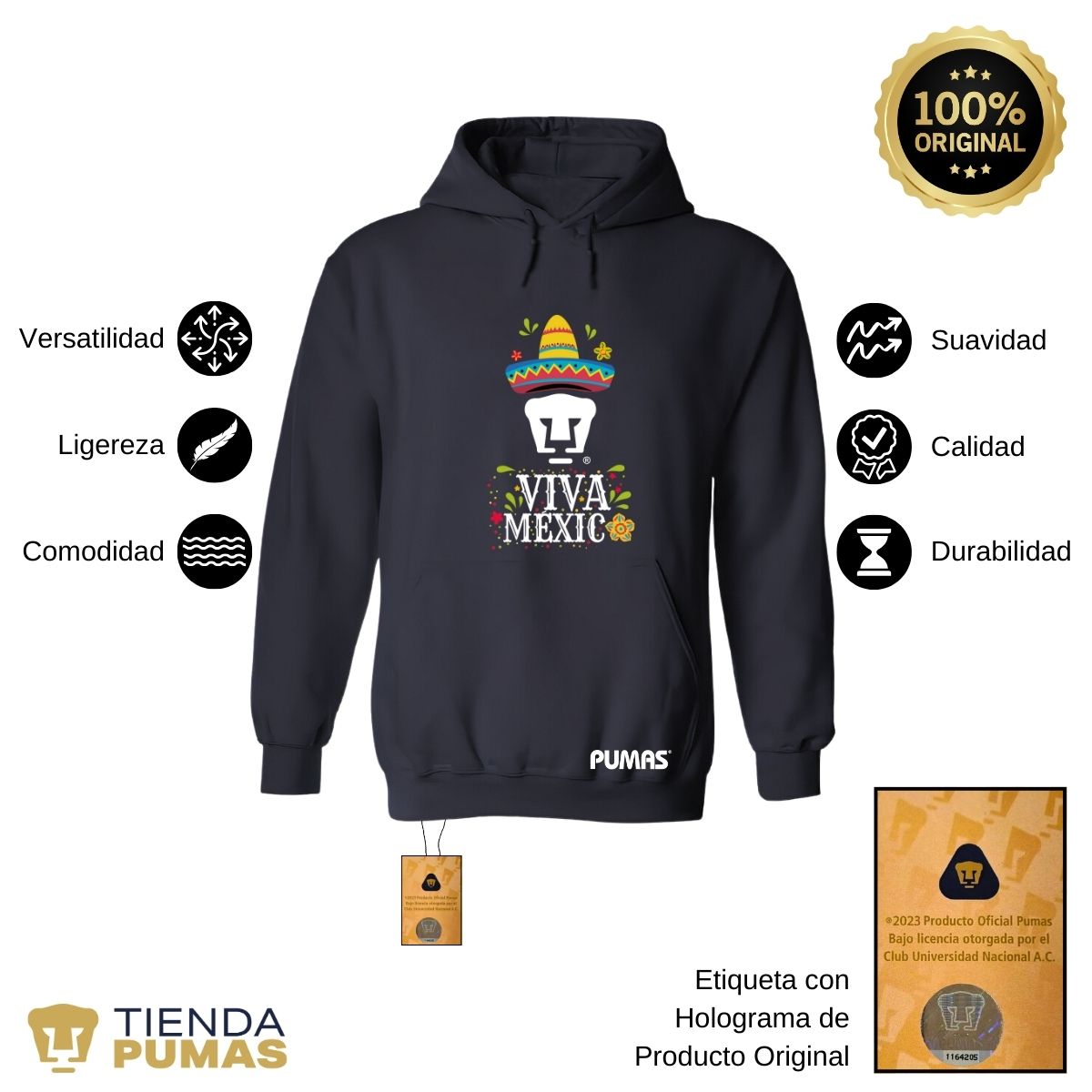 Sudadera Hombre Hoodie Pumas UNAM Rostro Viva México