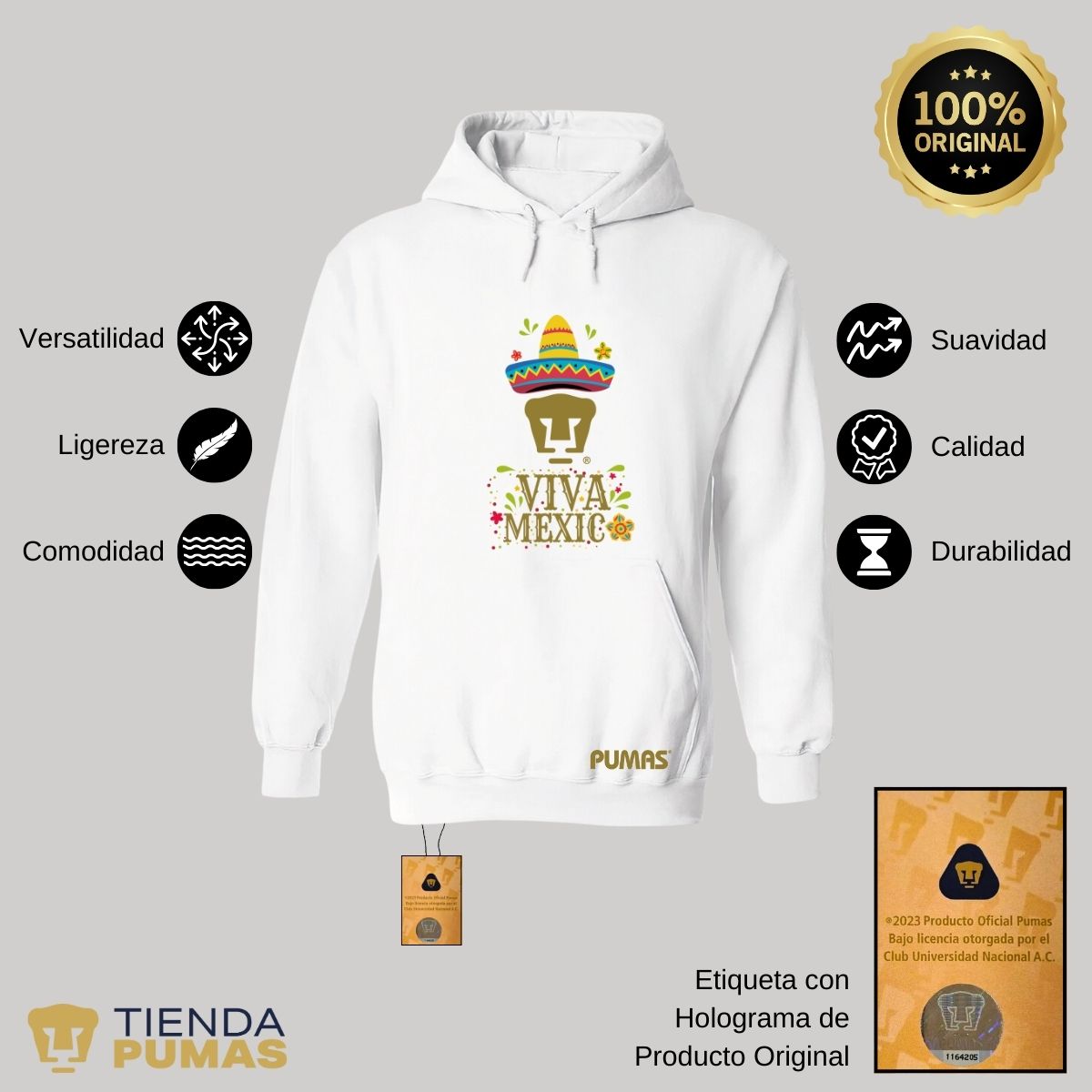 Sudadera Hombre Hoodie Pumas UNAM Rostro Viva México