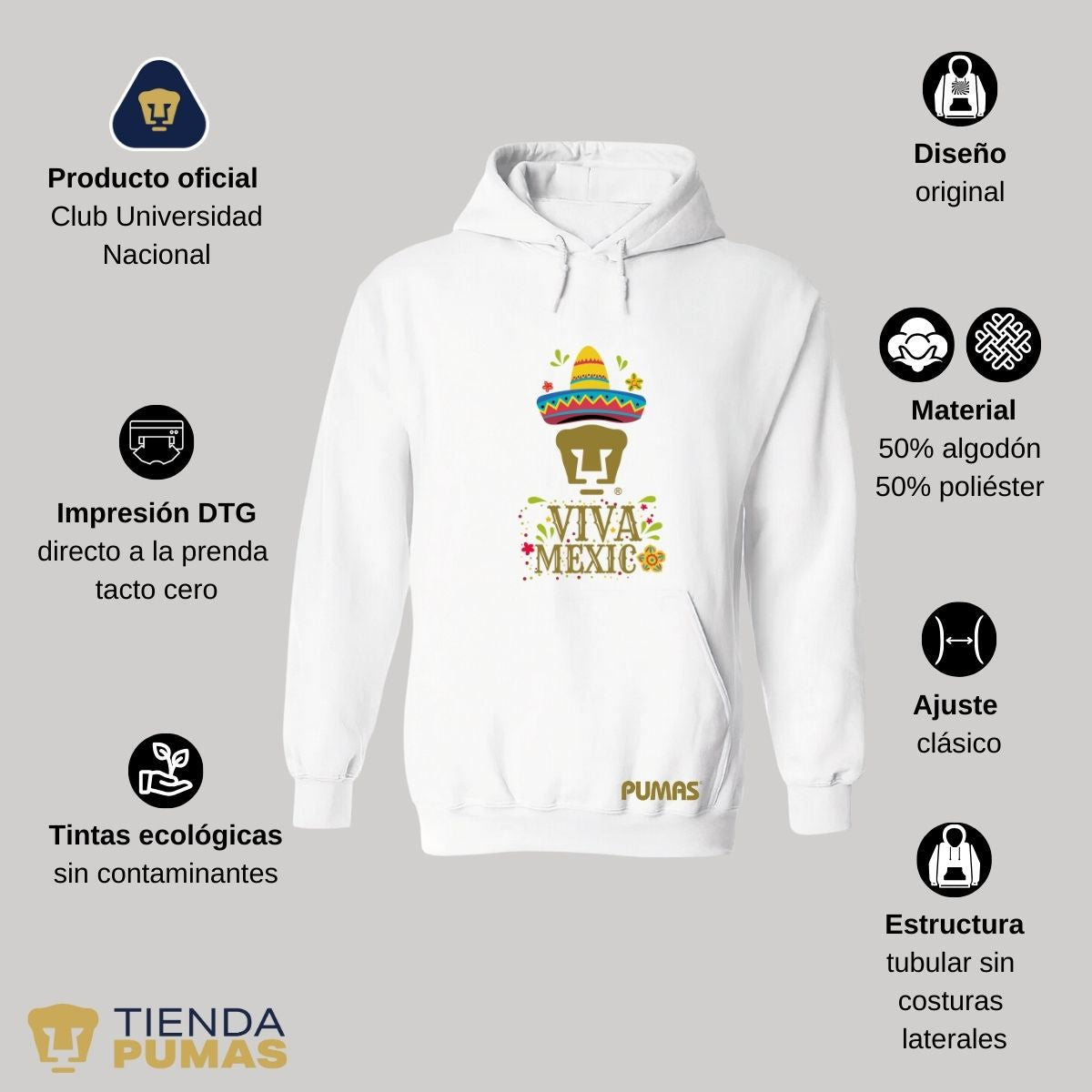 Sudadera Hombre Hoodie Pumas UNAM Rostro Viva México