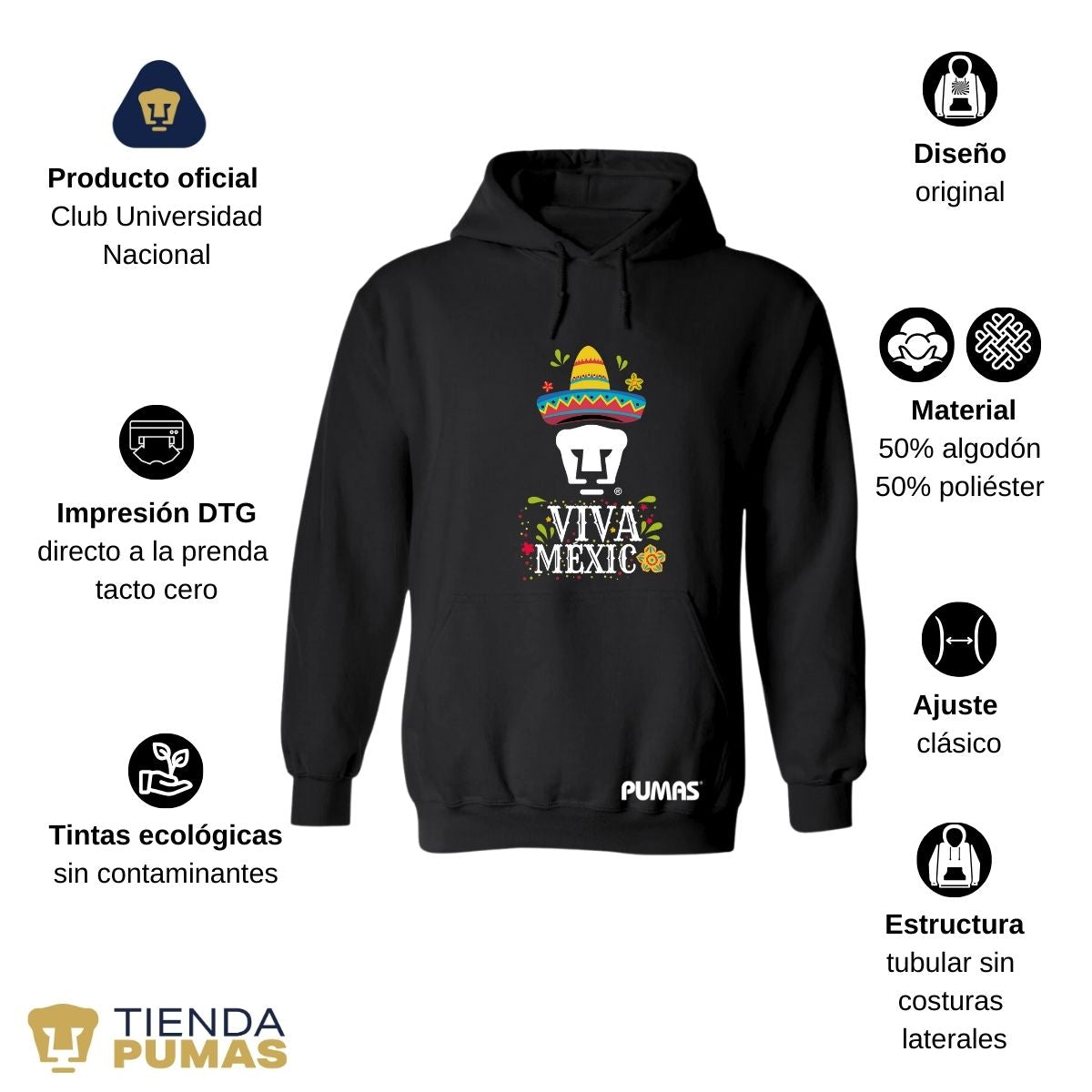 Sudadera Hombre Hoodie Pumas UNAM Rostro Viva México