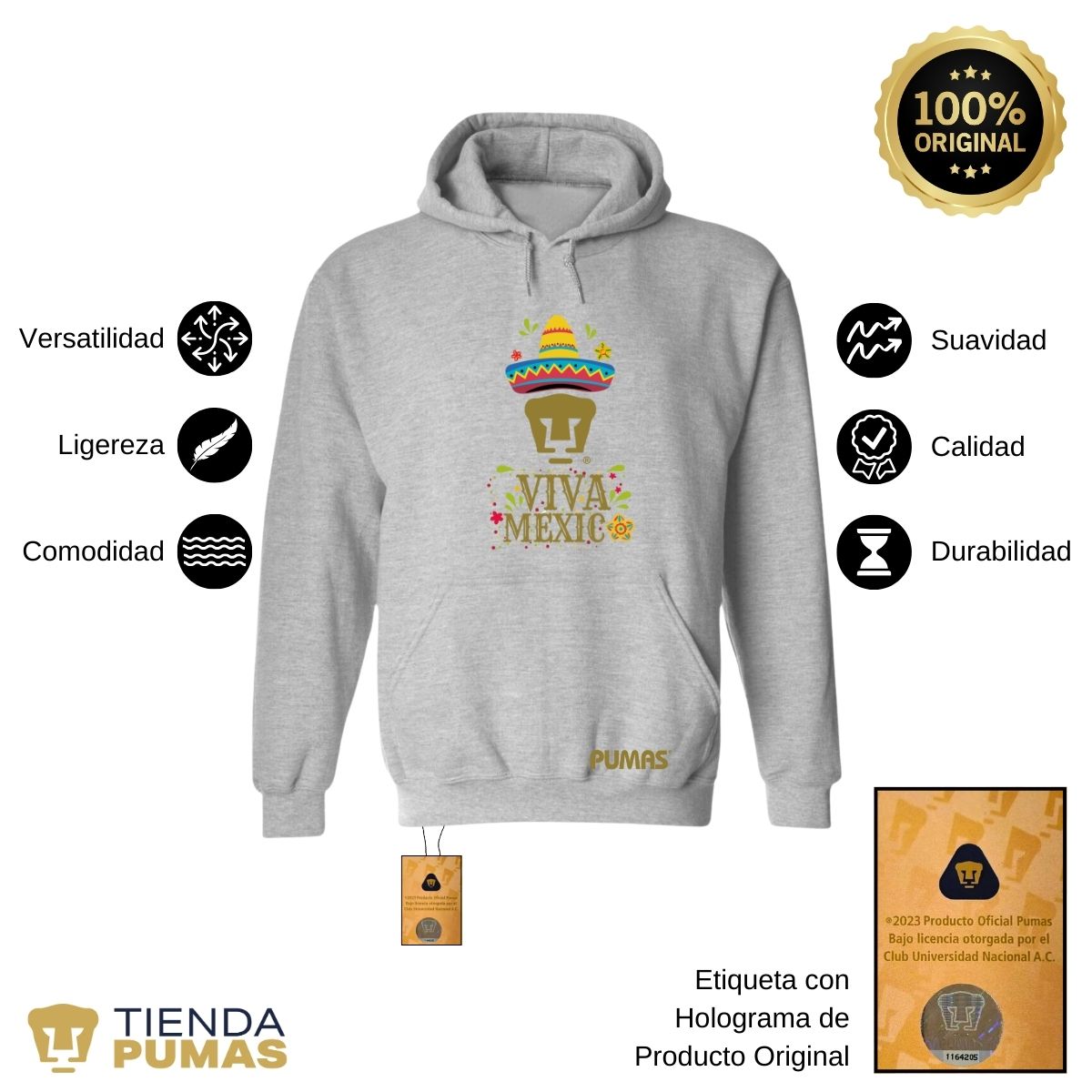 Sudadera Hombre Hoodie Pumas UNAM Rostro Viva México