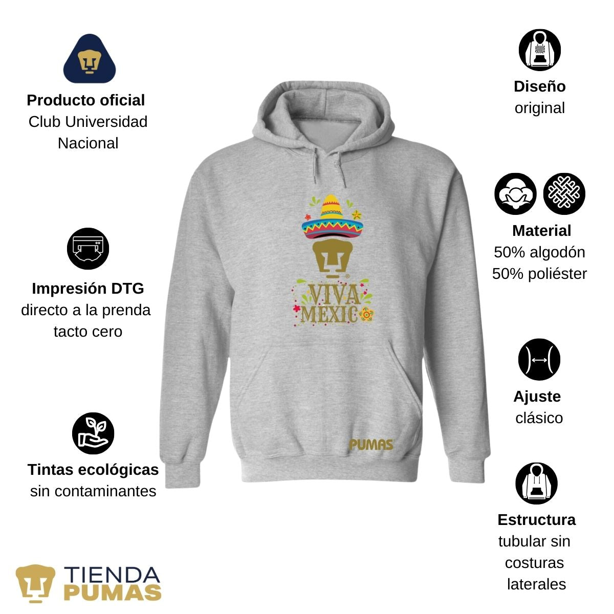 Sudadera Hombre Hoodie Pumas UNAM Rostro Viva México