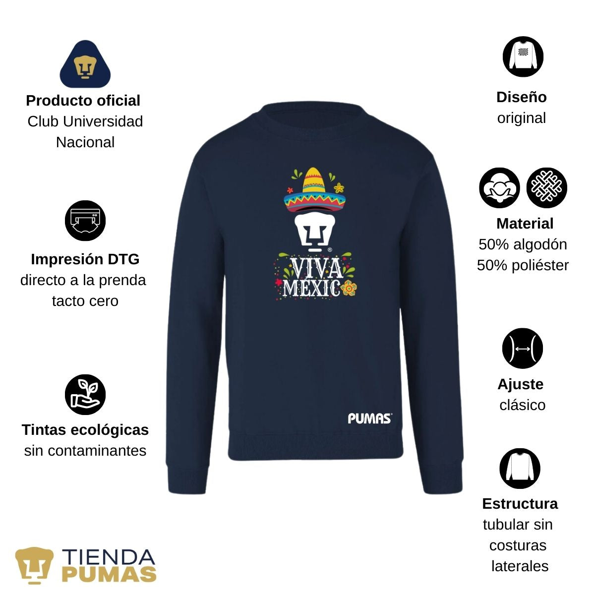 Sudadera Hombre Pumas UNAM Rostro Viva México