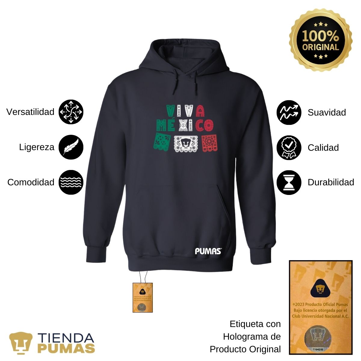 Sudadera Hombre Hoodie Pumas UNAM Papel picado México