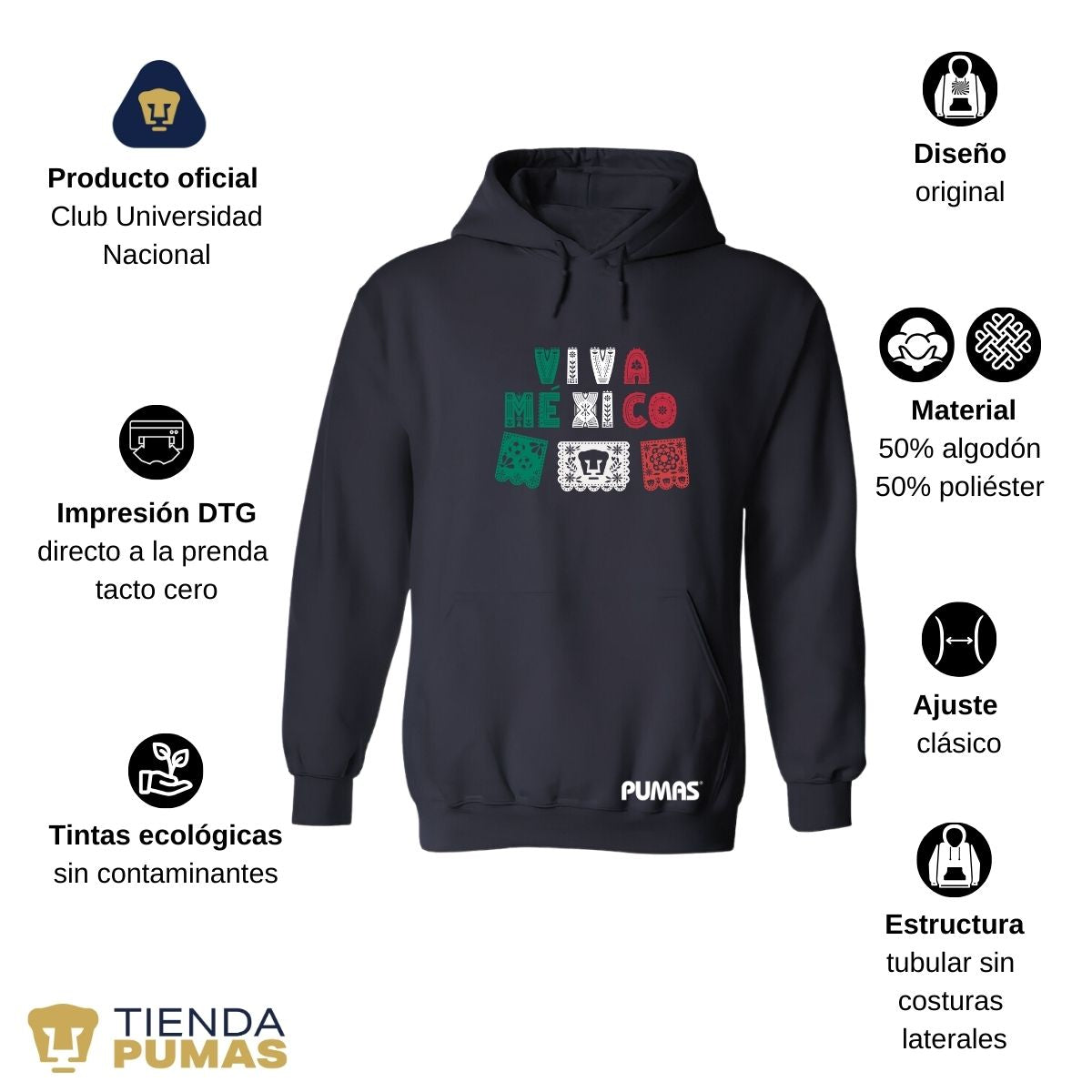 Sudadera Hombre Hoodie Pumas UNAM Papel picado México