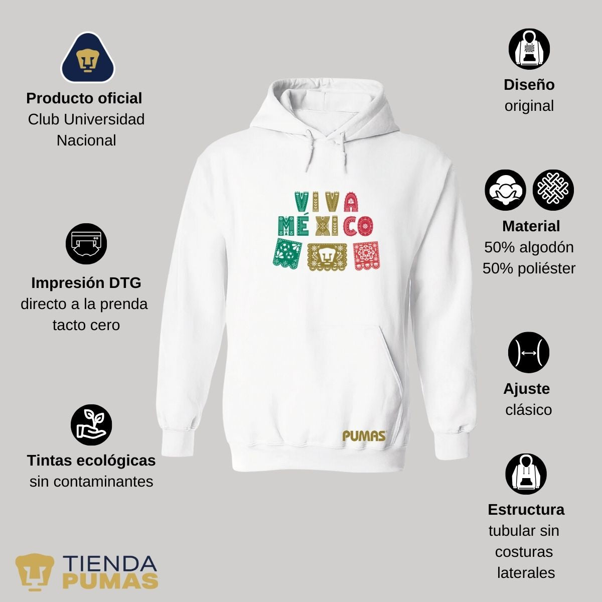 Sudadera Hombre Hoodie Pumas UNAM Papel picado México