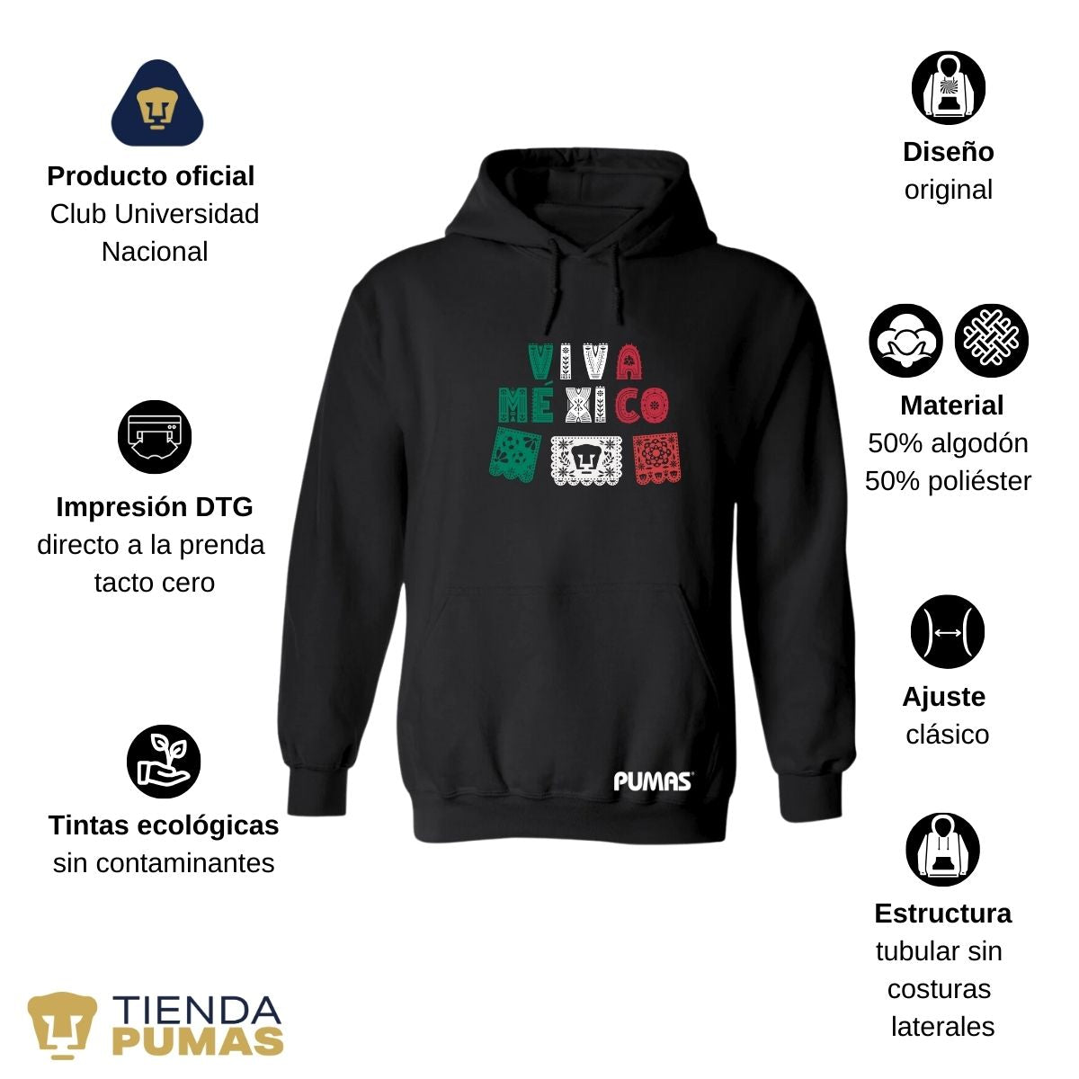 Sudadera Hombre Hoodie Pumas UNAM Papel picado México