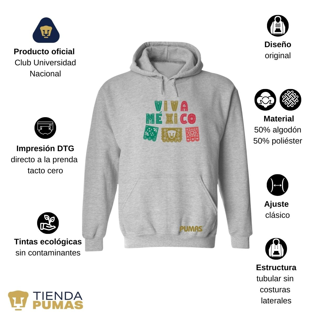 Sudadera Hombre Hoodie Pumas UNAM Papel picado México