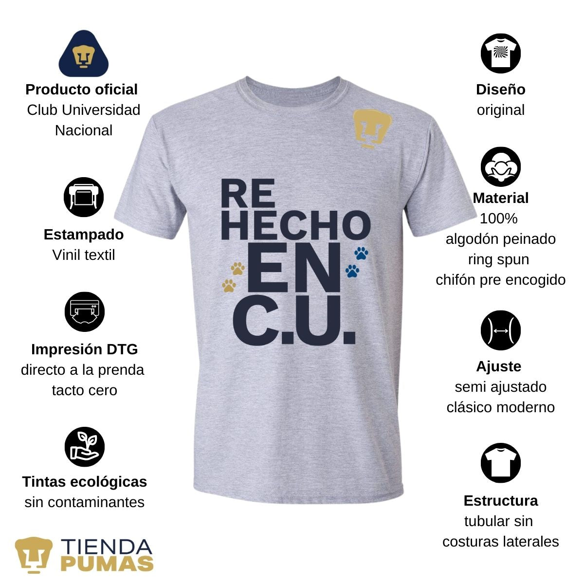 Playera Hombre Pumas UNAM Re Hecho en C.U. DTG-Vinil