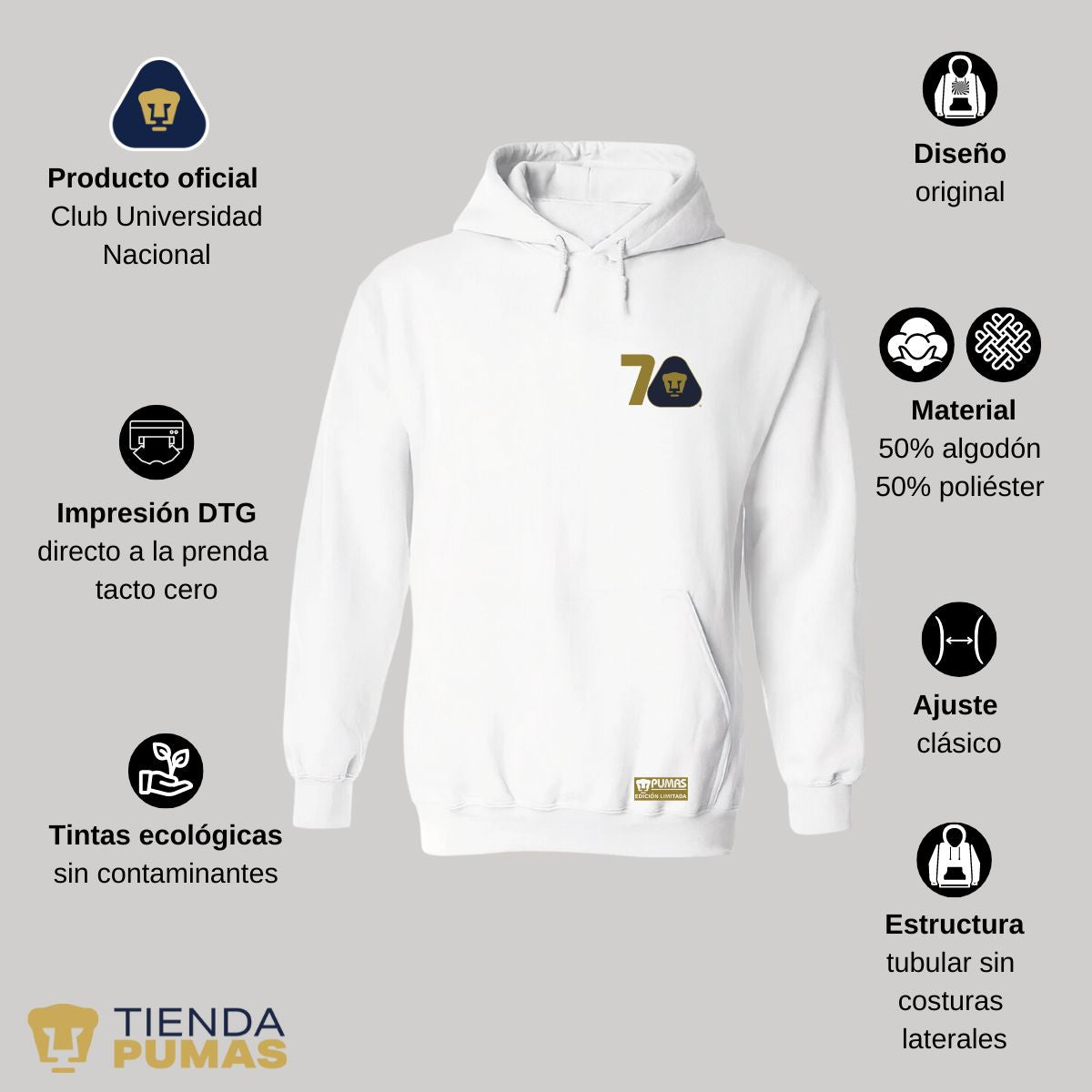 Sudadera Hombre Hoodie Pumas UNAM 70 Años FYR Edición Limitada 4