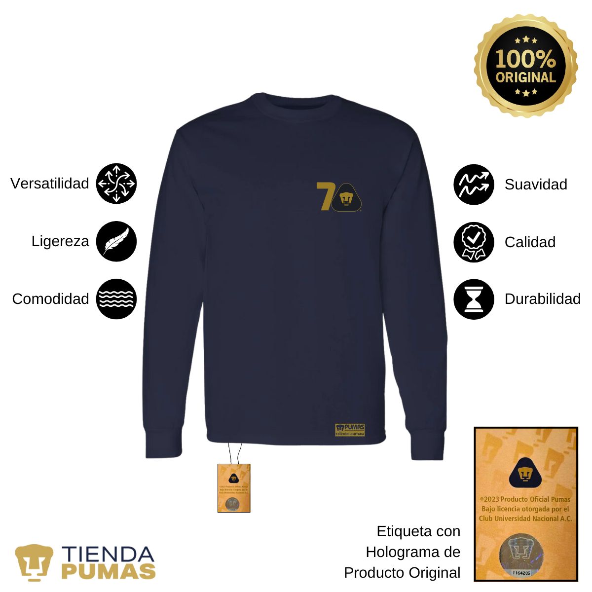 Playera Hombre Pumas UNAM Manga Larga 70 Años FYR Edición Limitada 4