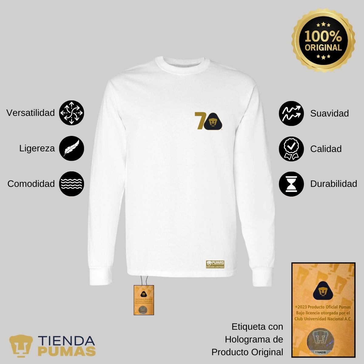 Playera Hombre Pumas UNAM Manga Larga 70 Años FYR Edición Limitada 4