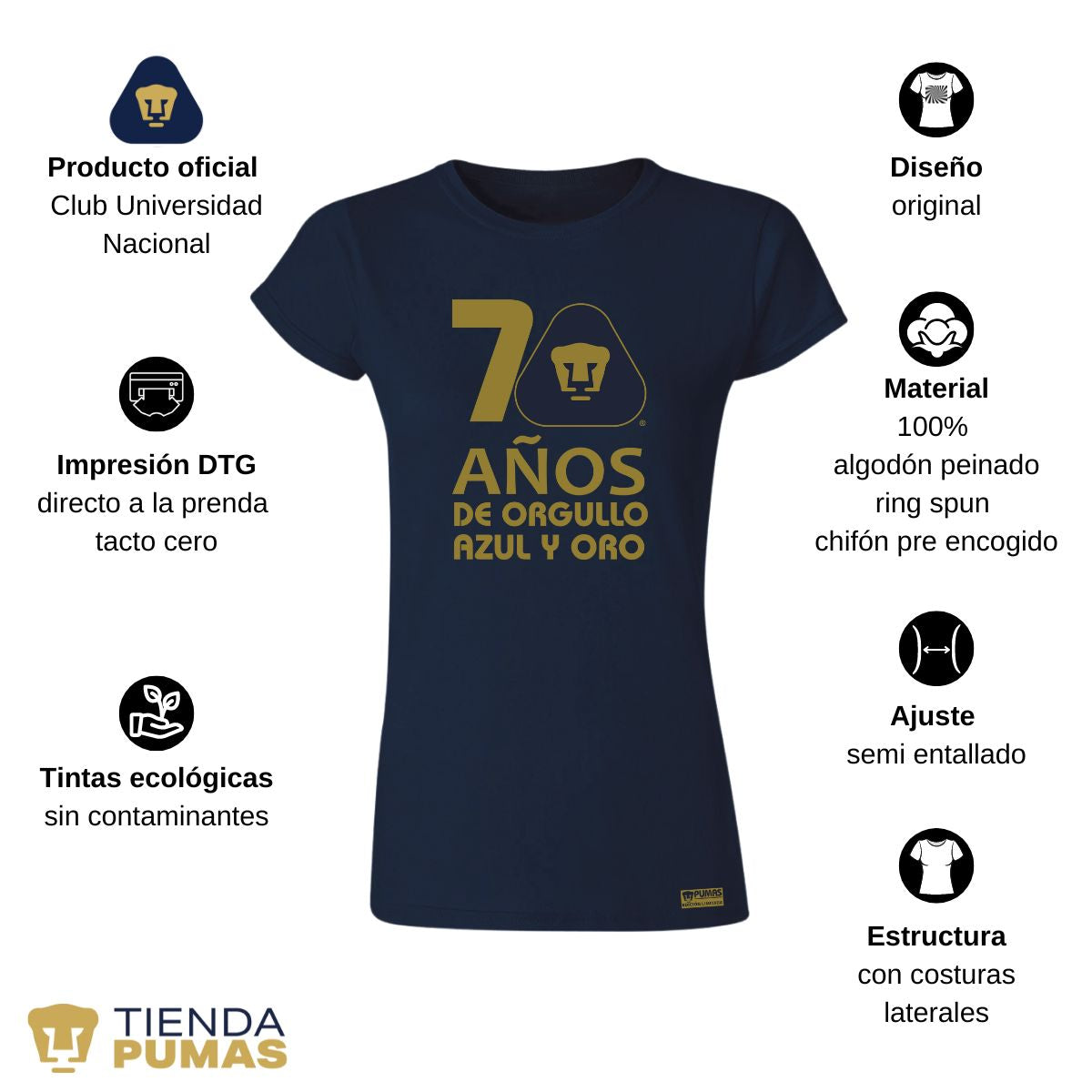 Playera Mujer Pumas UNAM 70 Años Fte Edición Limitada 4