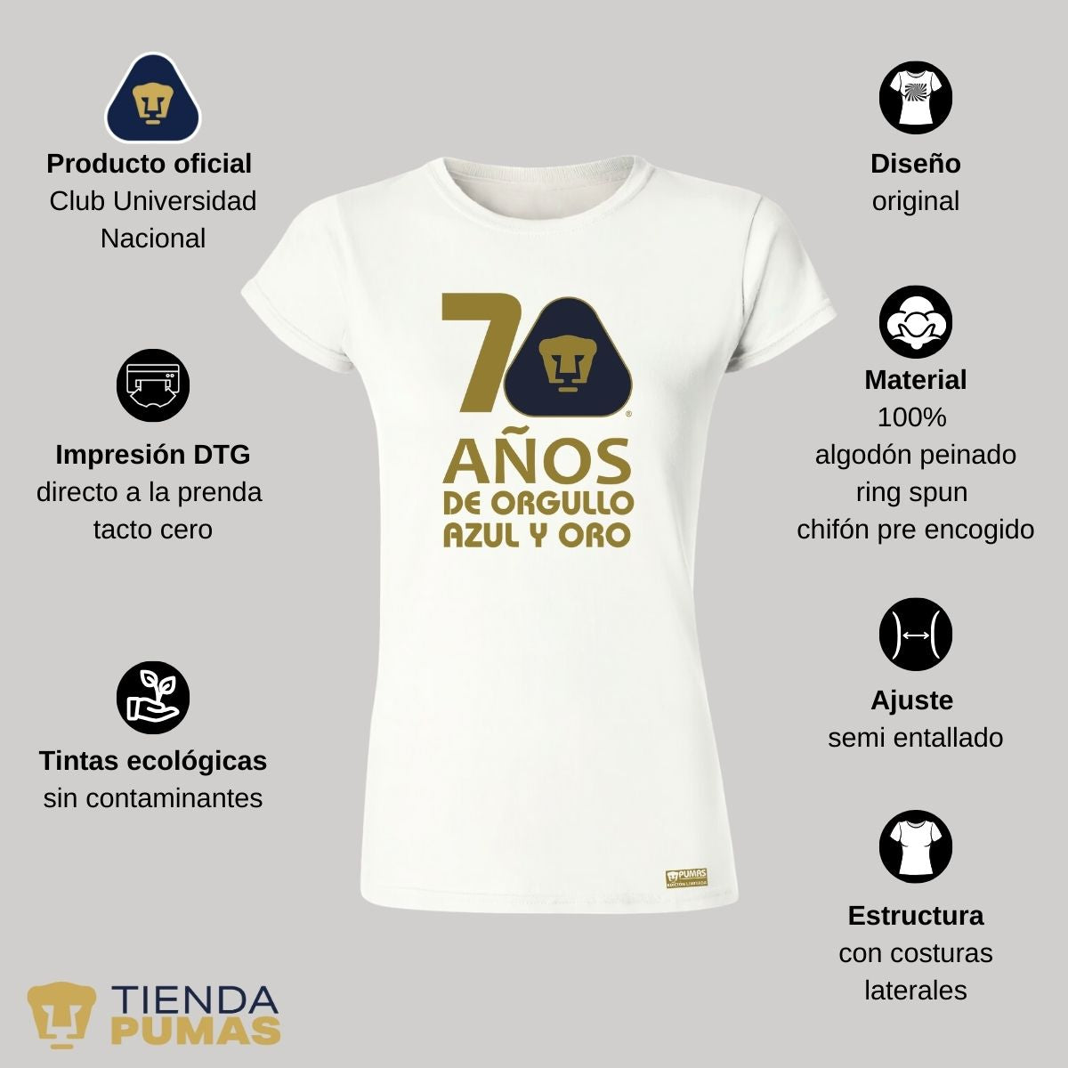 Playera Mujer Pumas UNAM 70 Años Fte Edición Limitada 4