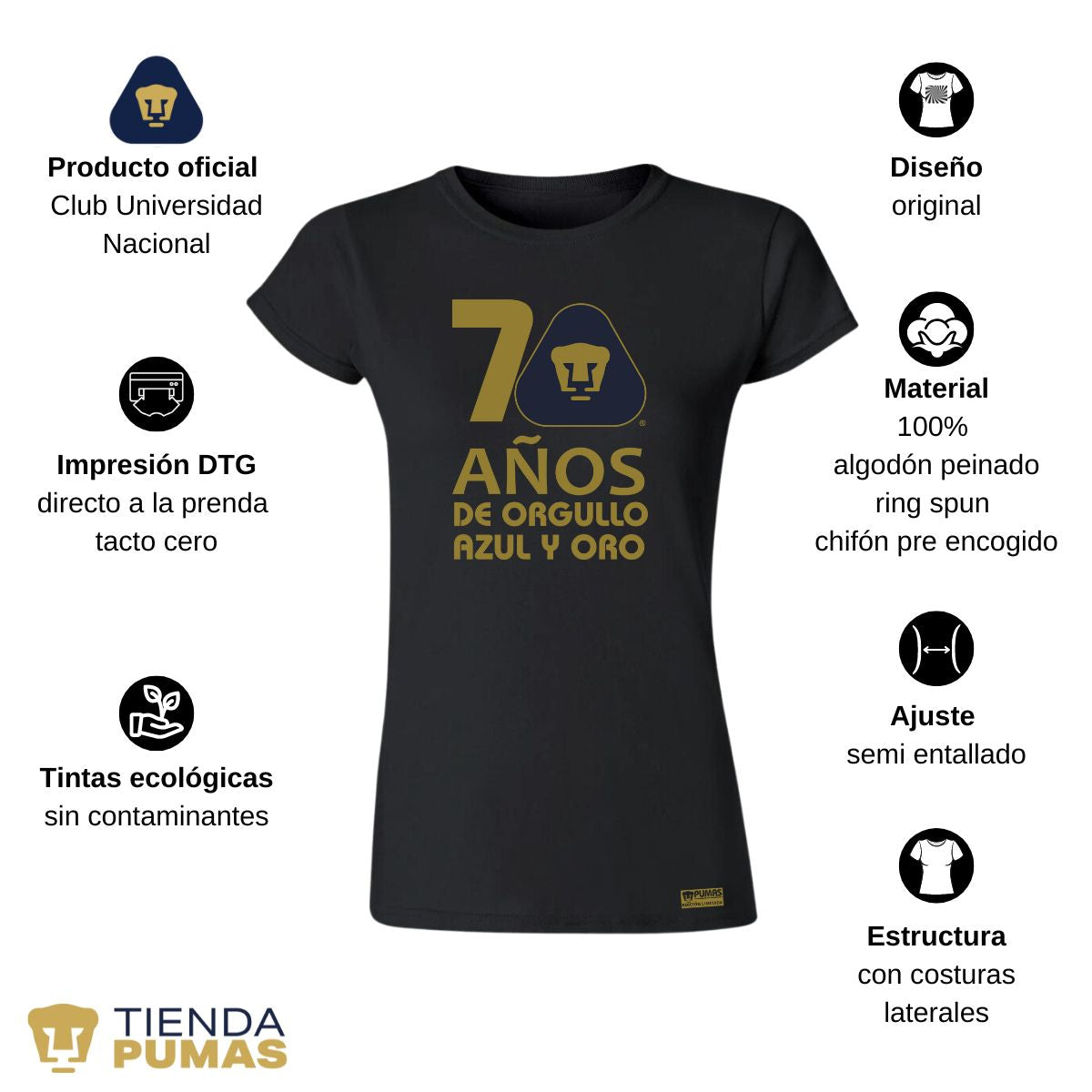 Playera Mujer Pumas UNAM 70 Años Fte Edición Limitada 4