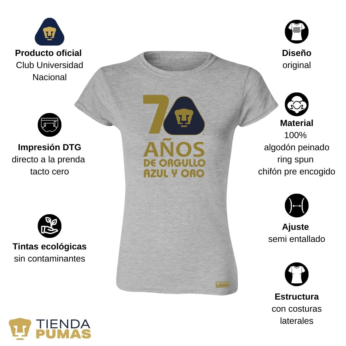 Playera Mujer Pumas UNAM 70 Años Fte Edición Limitada 4