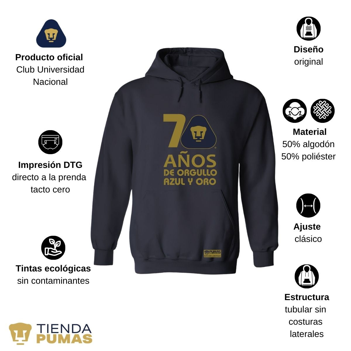 Sudadera Hombre Hoodie Pumas UNAM 70 Años Fte Edición Limitada 4