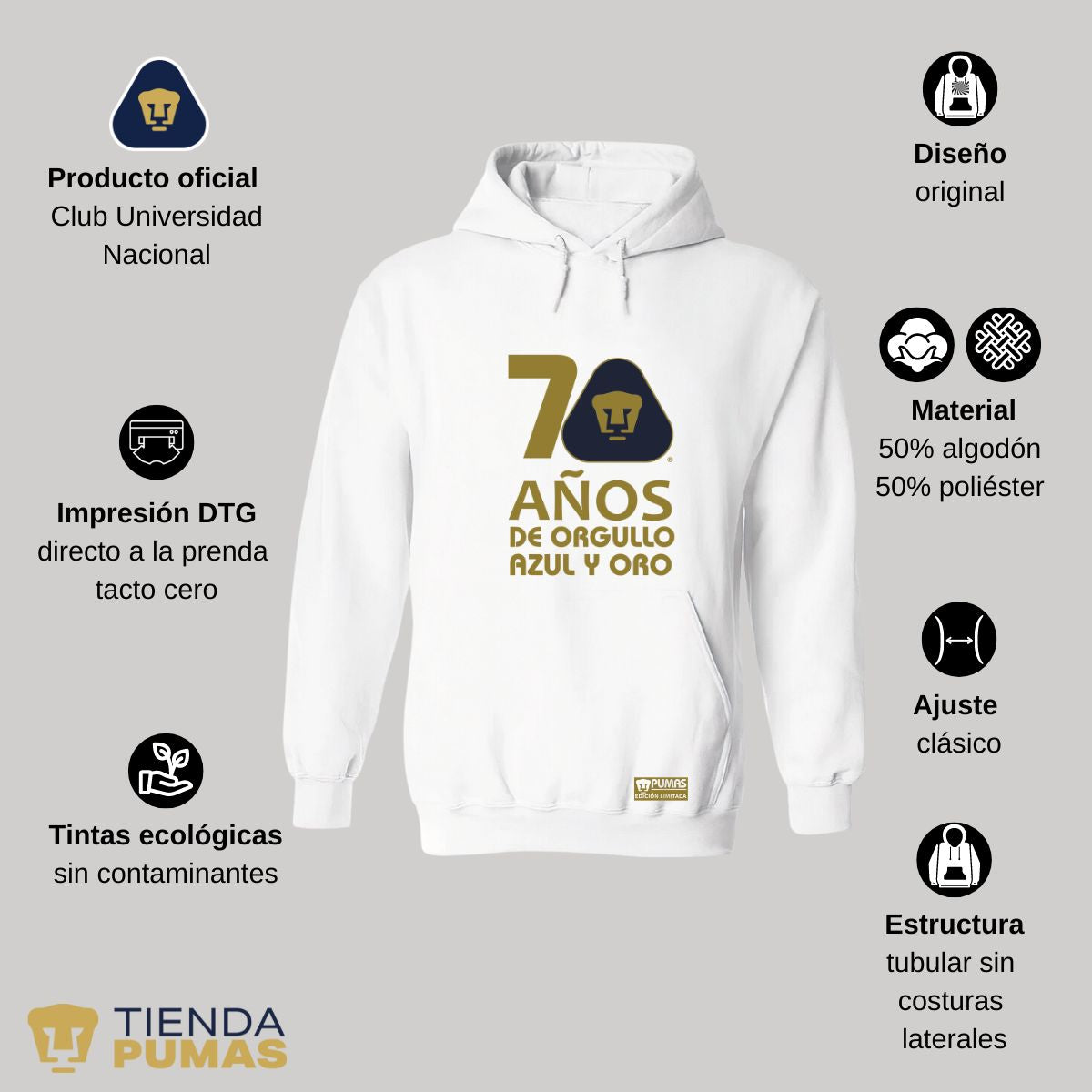 Sudadera Hombre Hoodie Pumas UNAM 70 Años Fte Edición Limitada 4