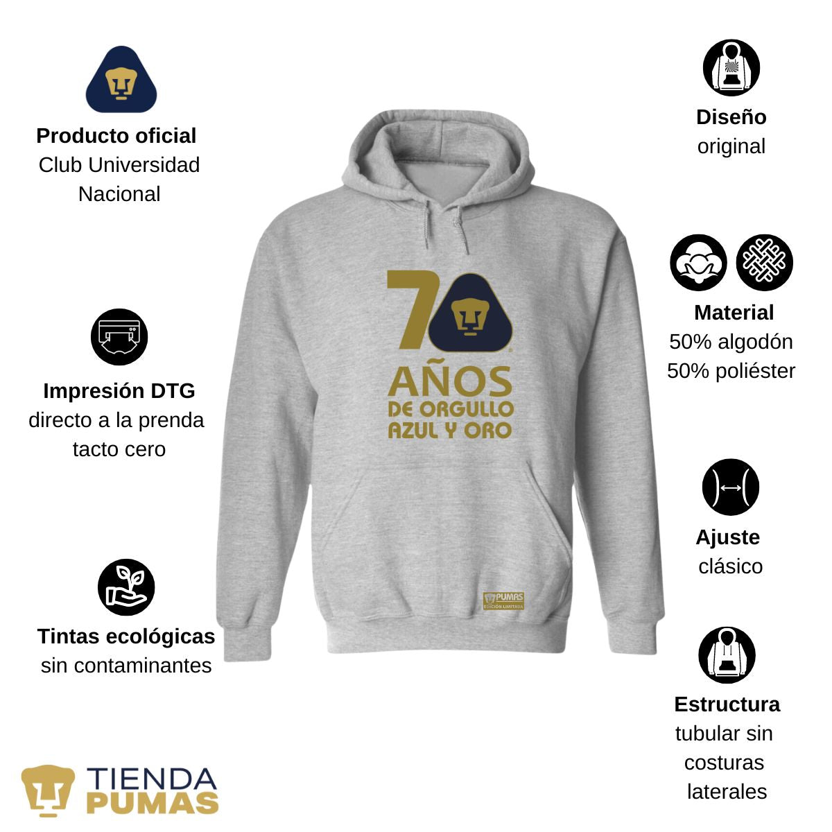 Sudadera Hombre Hoodie Pumas UNAM 70 Años Fte Edición Limitada 4