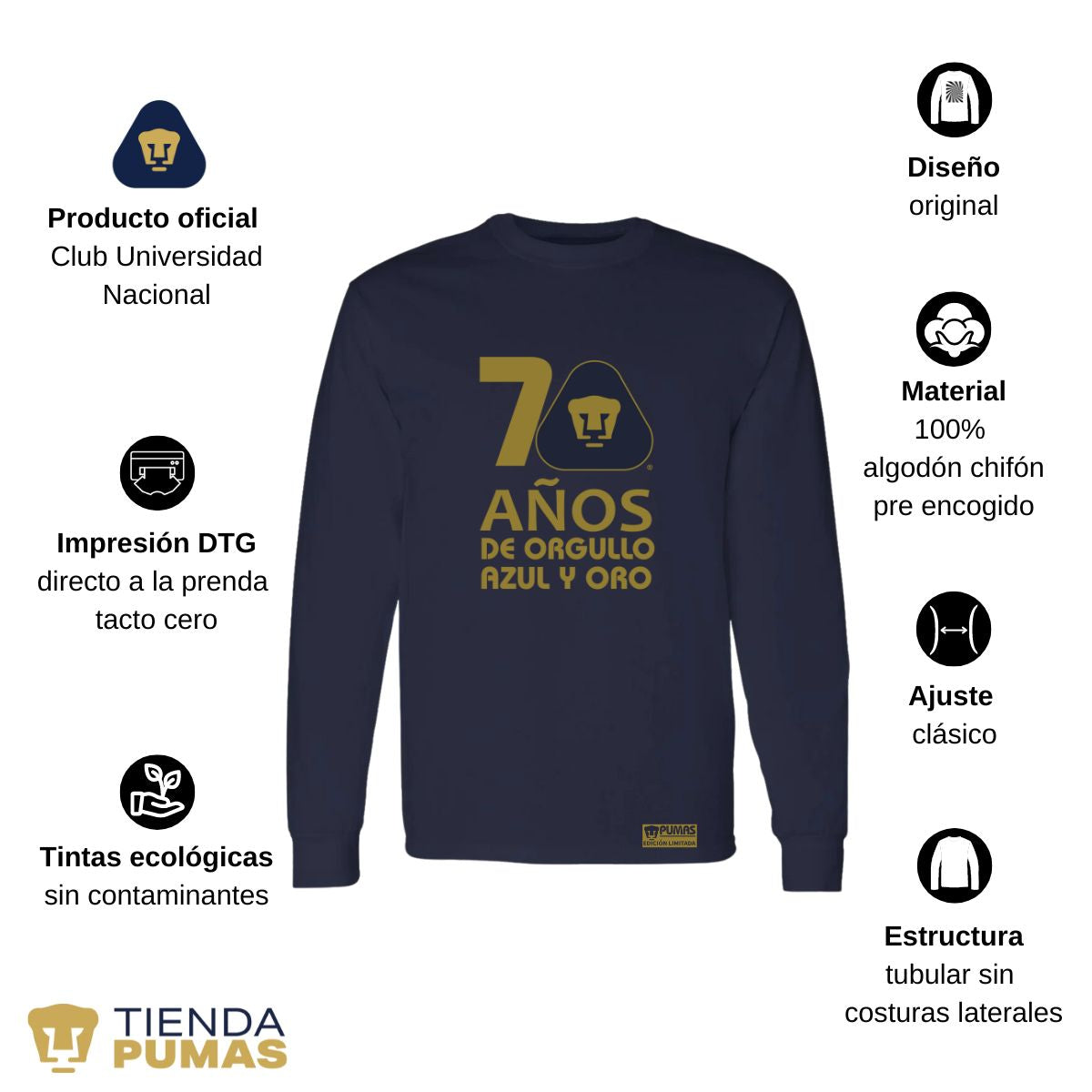 Playera Hombre Pumas UNAM Manga Larga 70 Años Fte Edición Limitada 4