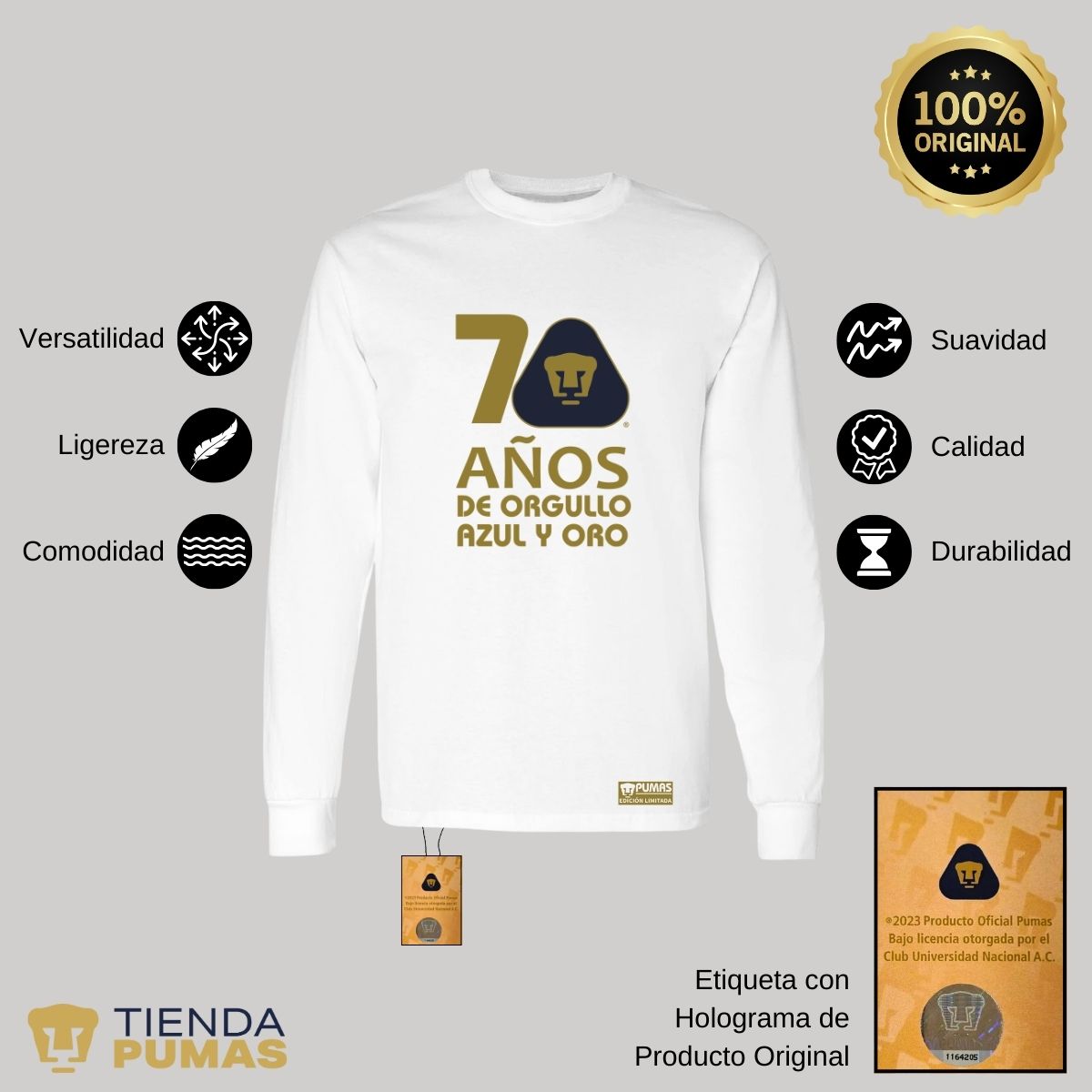 Playera Hombre Pumas UNAM Manga Larga 70 Años Fte Edición Limitada 4