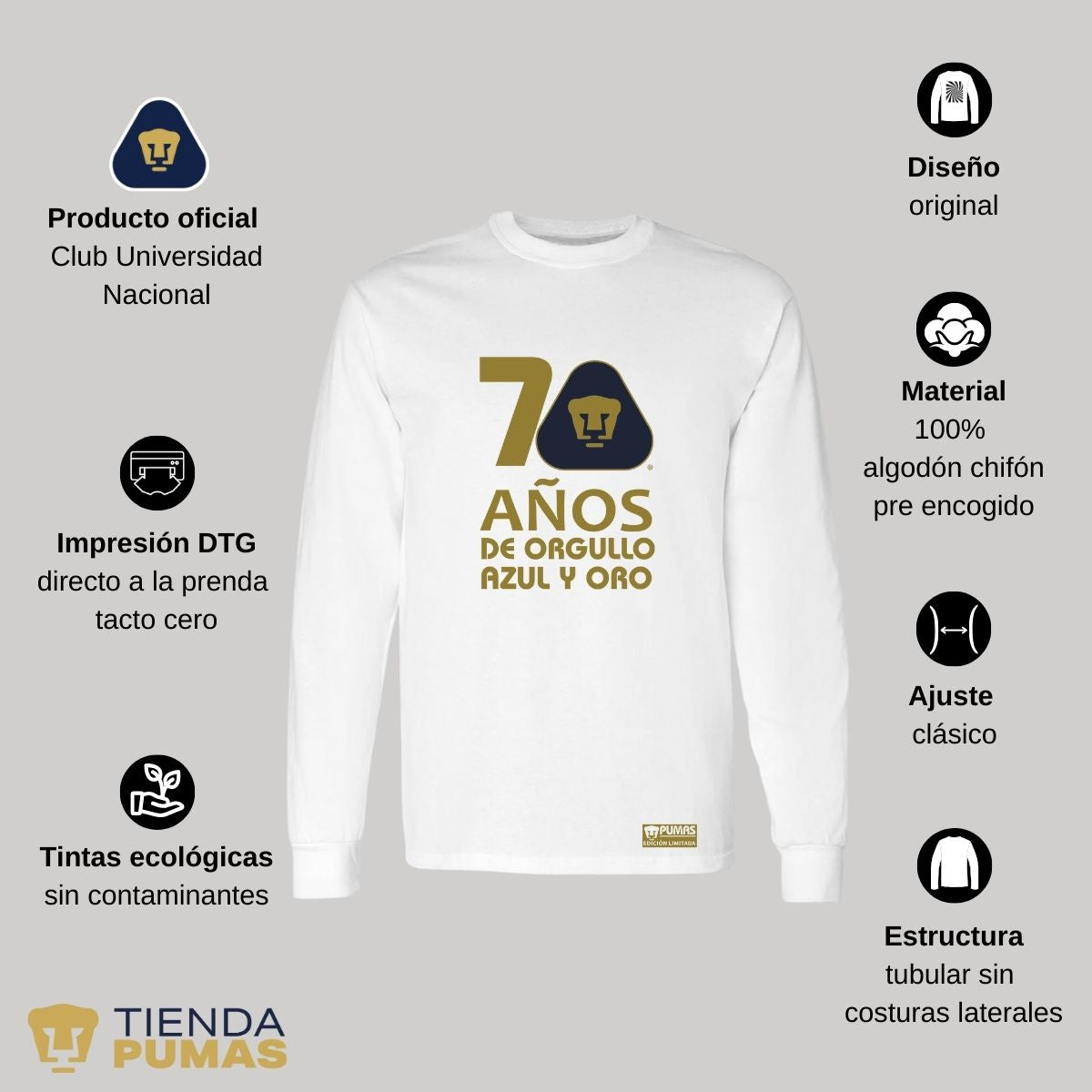 Playera Hombre Pumas UNAM Manga Larga 70 Años Fte Edición Limitada 4