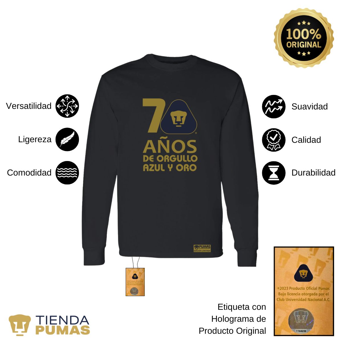 Playera Hombre Pumas UNAM Manga Larga 70 Años Fte Edición Limitada 4