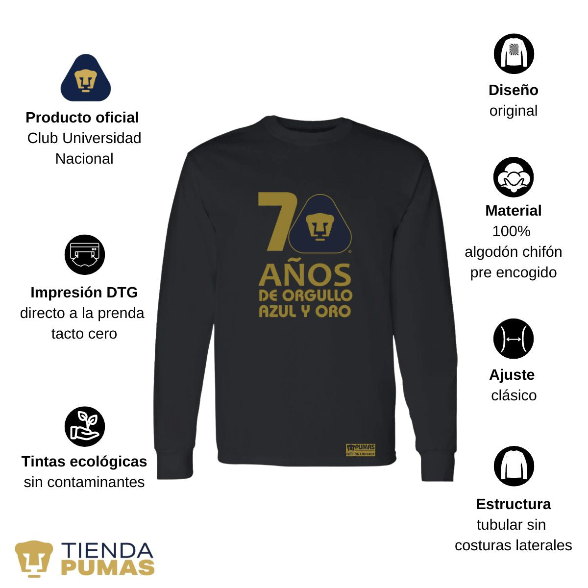 Playera Hombre Pumas UNAM Manga Larga 70 Años Fte Edición Limitada 4