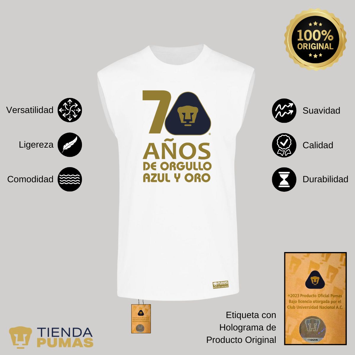 Playera Hombre Pumas UNAM Sin Manga 70 Años Fte Edición Limitada 4