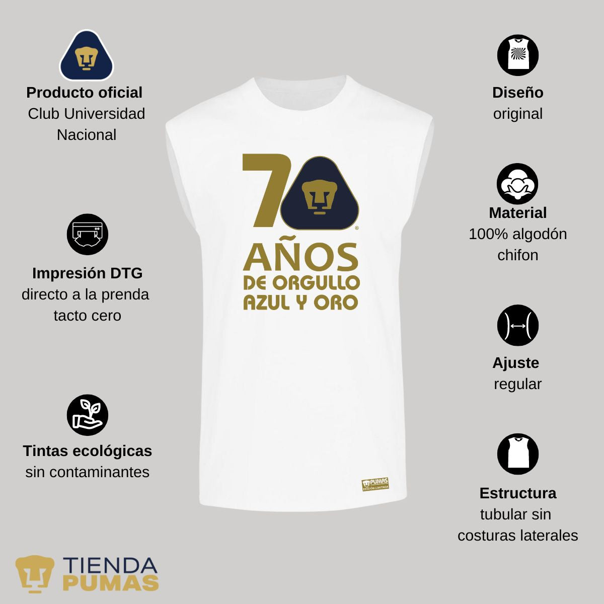 Playera Hombre Pumas UNAM Sin Manga 70 Años Fte Edición Limitada 4