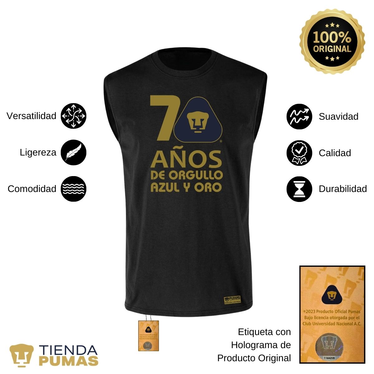 Playera Hombre Pumas UNAM Sin Manga 70 Años Fte Edición Limitada 4