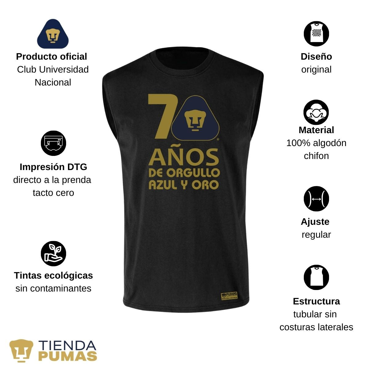 Playera Hombre Pumas UNAM Sin Manga 70 Años Fte Edición Limitada 4