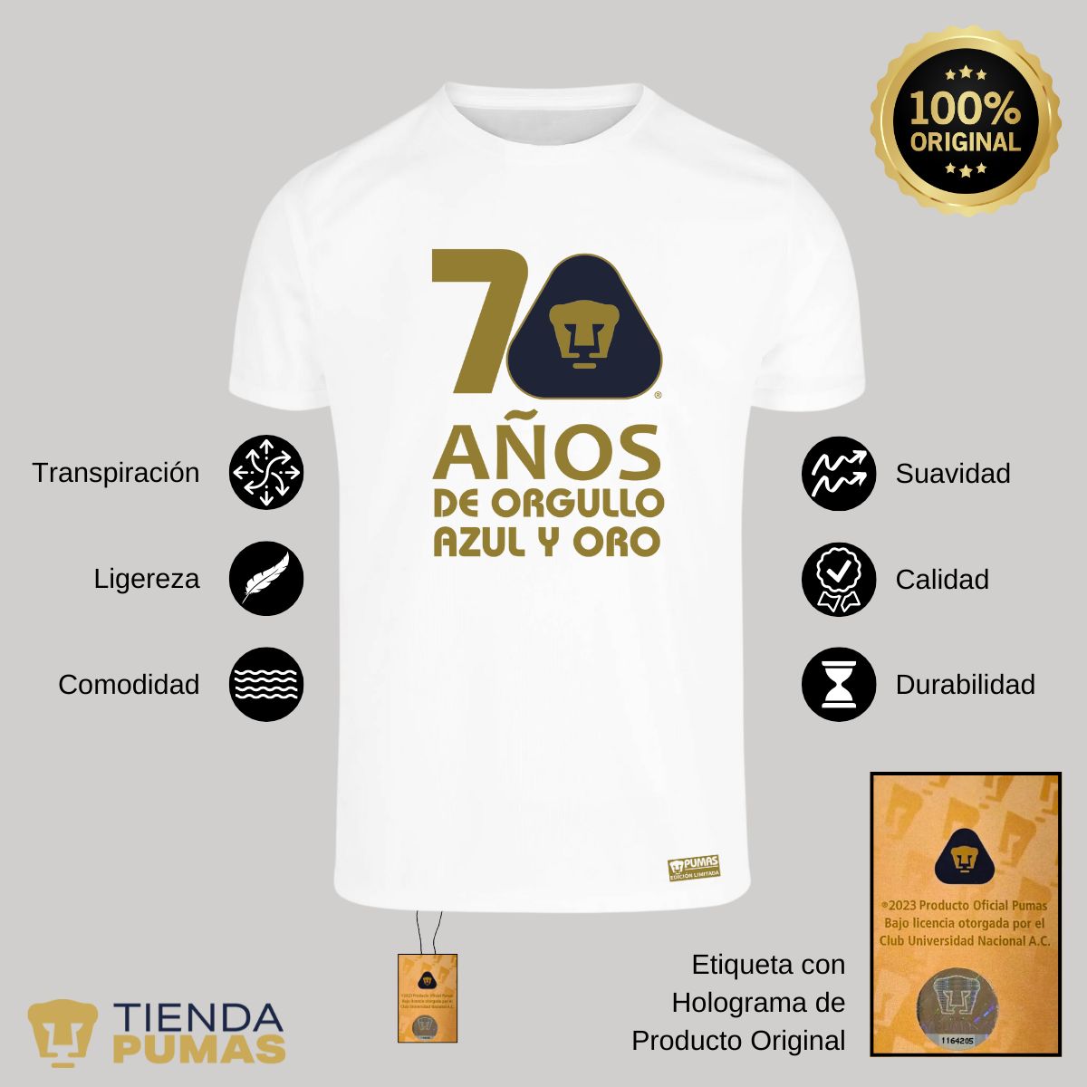 Playera Transpirable Hombre Pumas UNAM 70 Años Fte Edición Limitada 4